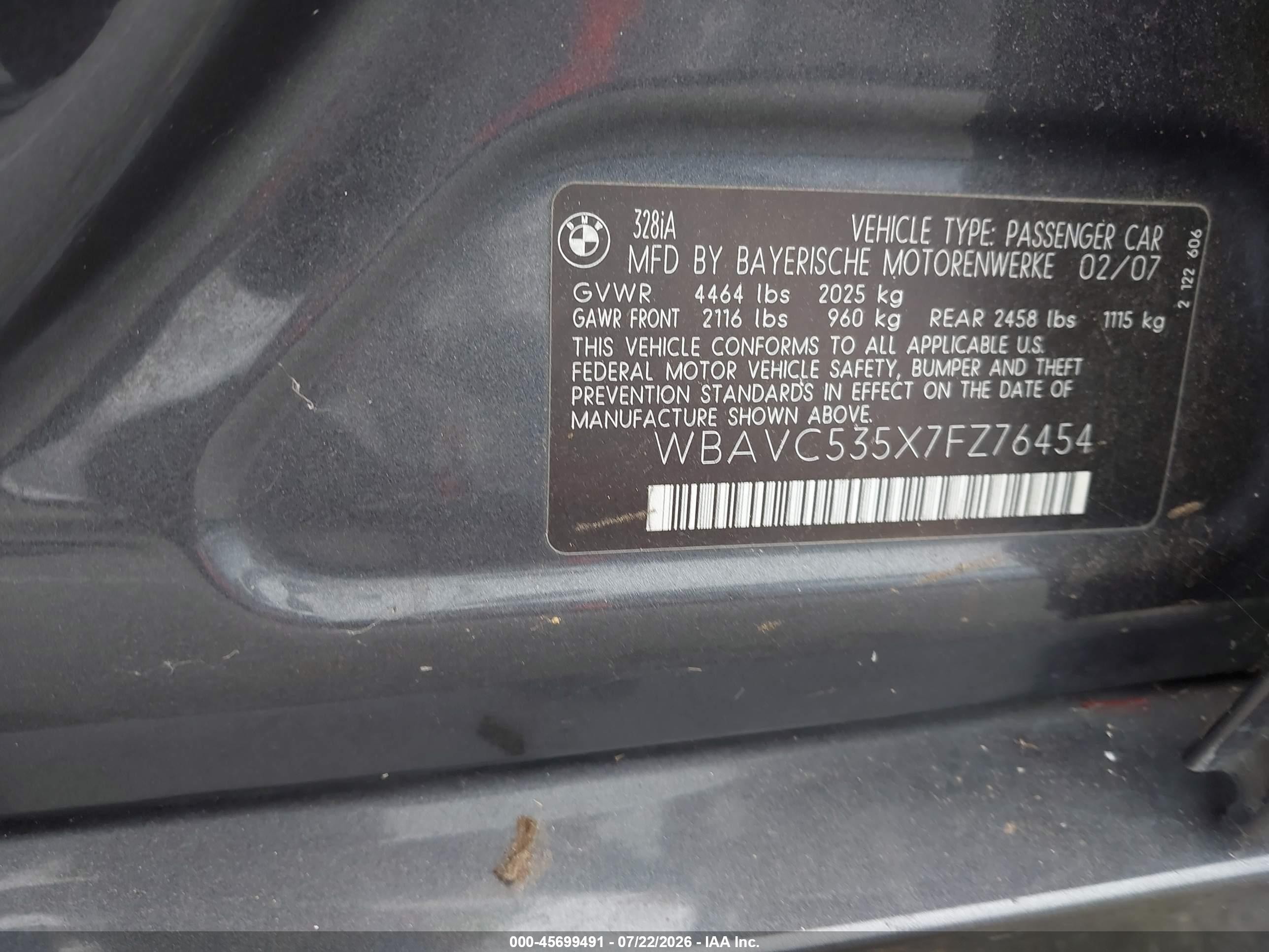 2007 Bmw 328i   Gray vin: WBAVC535X7FZ76454