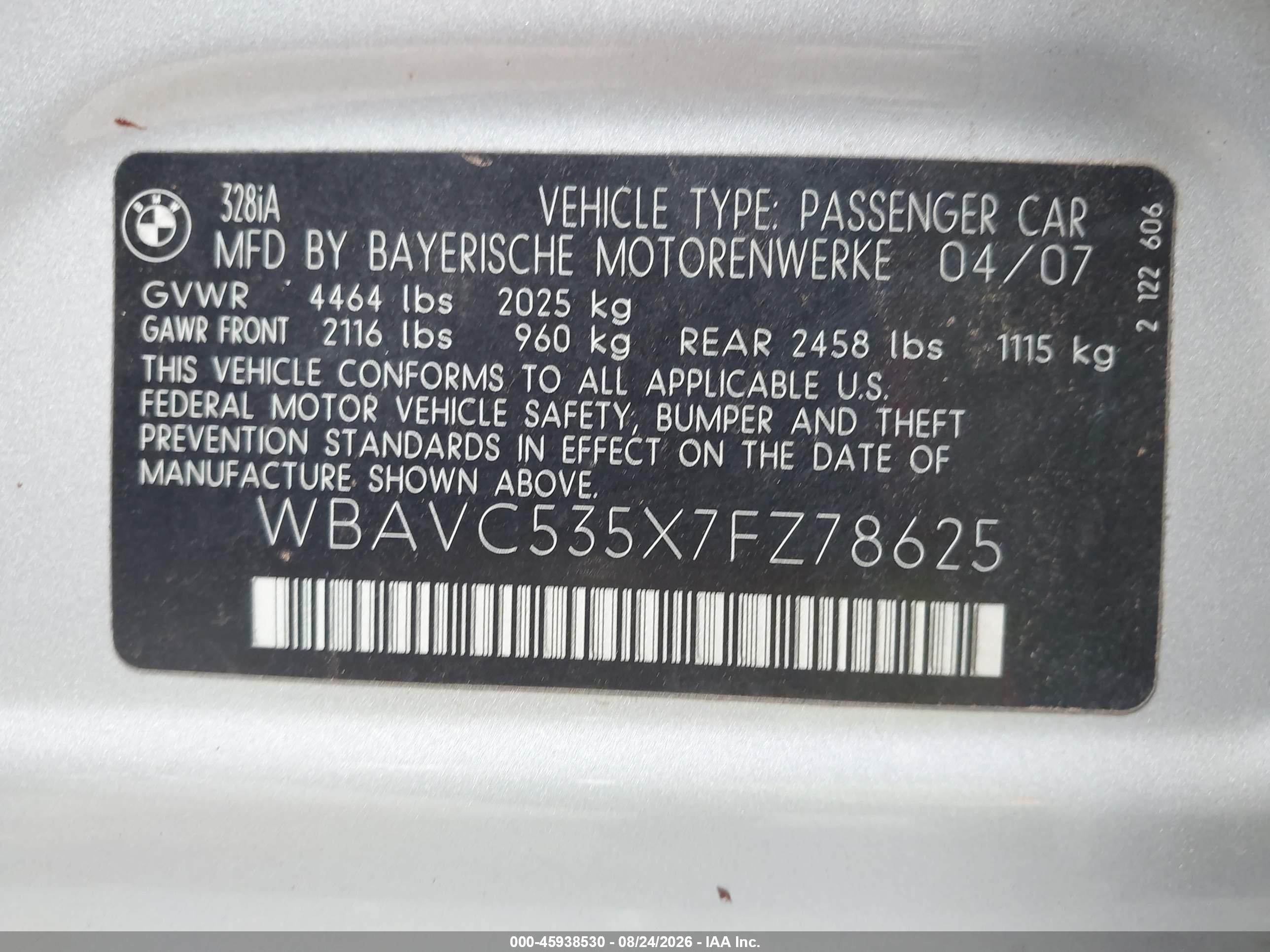 2007 Bmw 328i   Gray vin: WBAVC535X7FZ78625