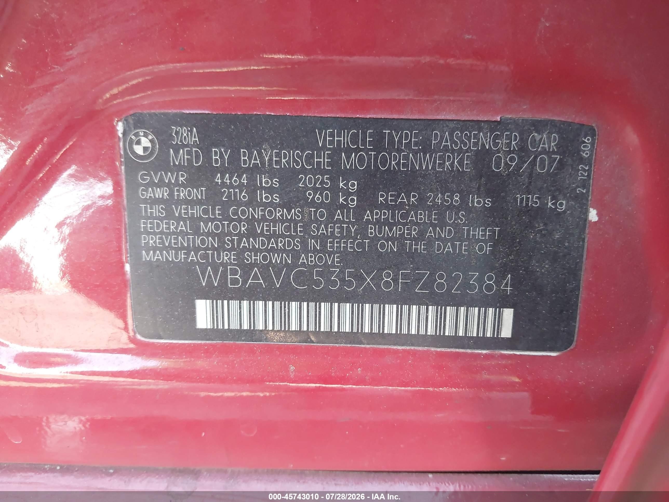 2008 Bmw 328i   Red vin: WBAVC535X8FZ82384