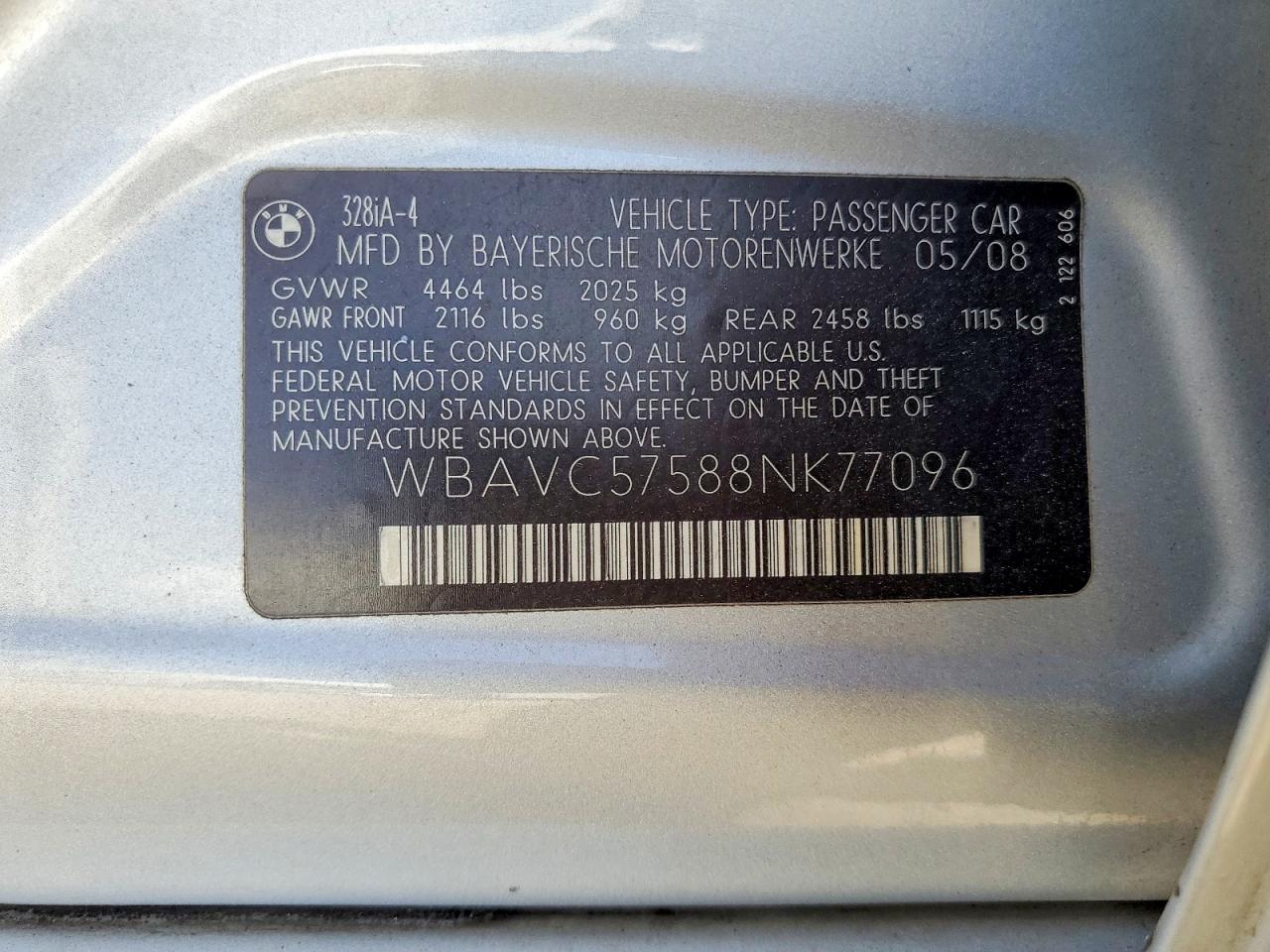 2008 Bmw 328 I Sulev Серебряный vin: WBAVC57588NK77096