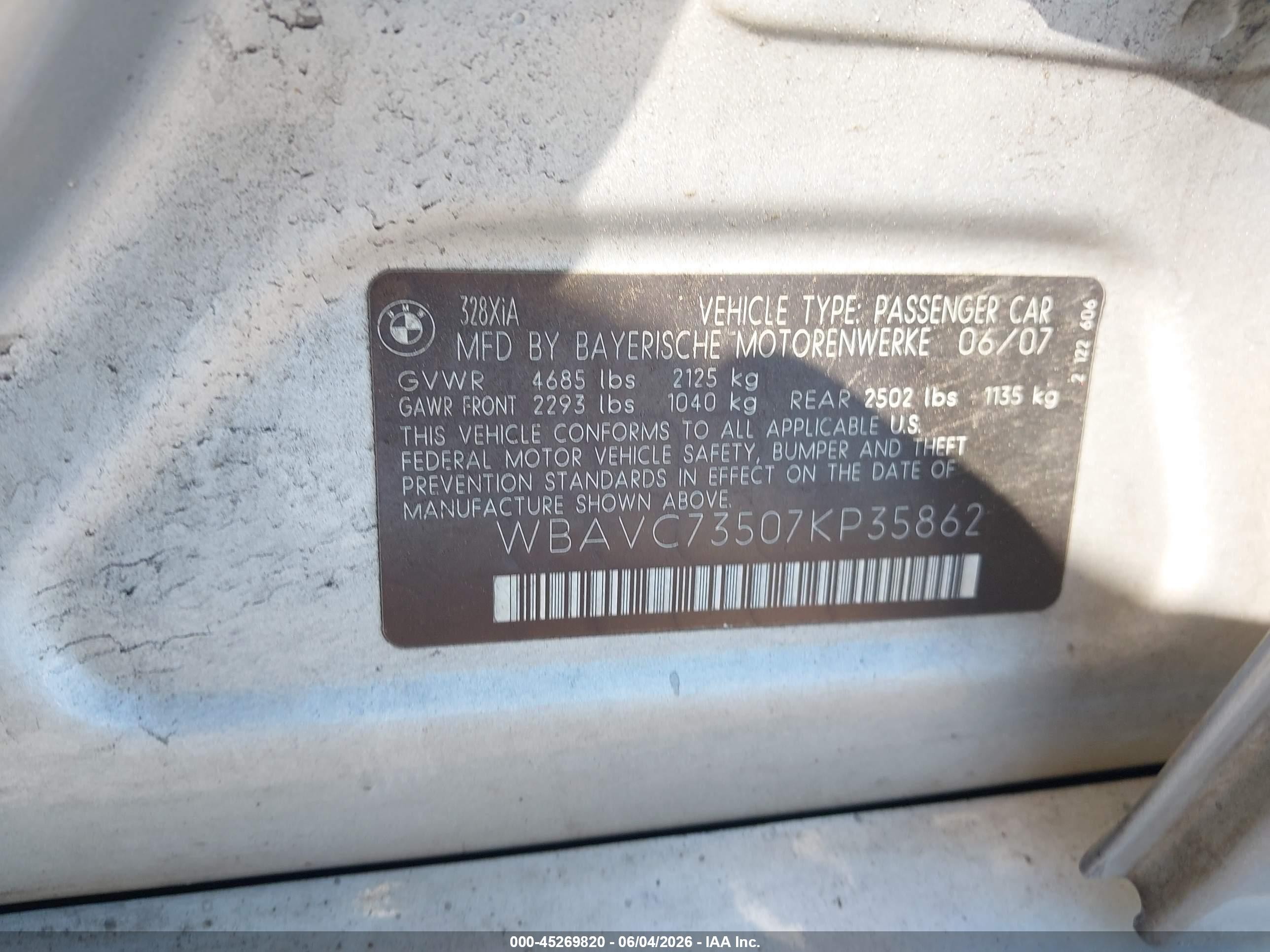 2007 Bmw 328xi   Silver vin: WBAVC73507KP35862
