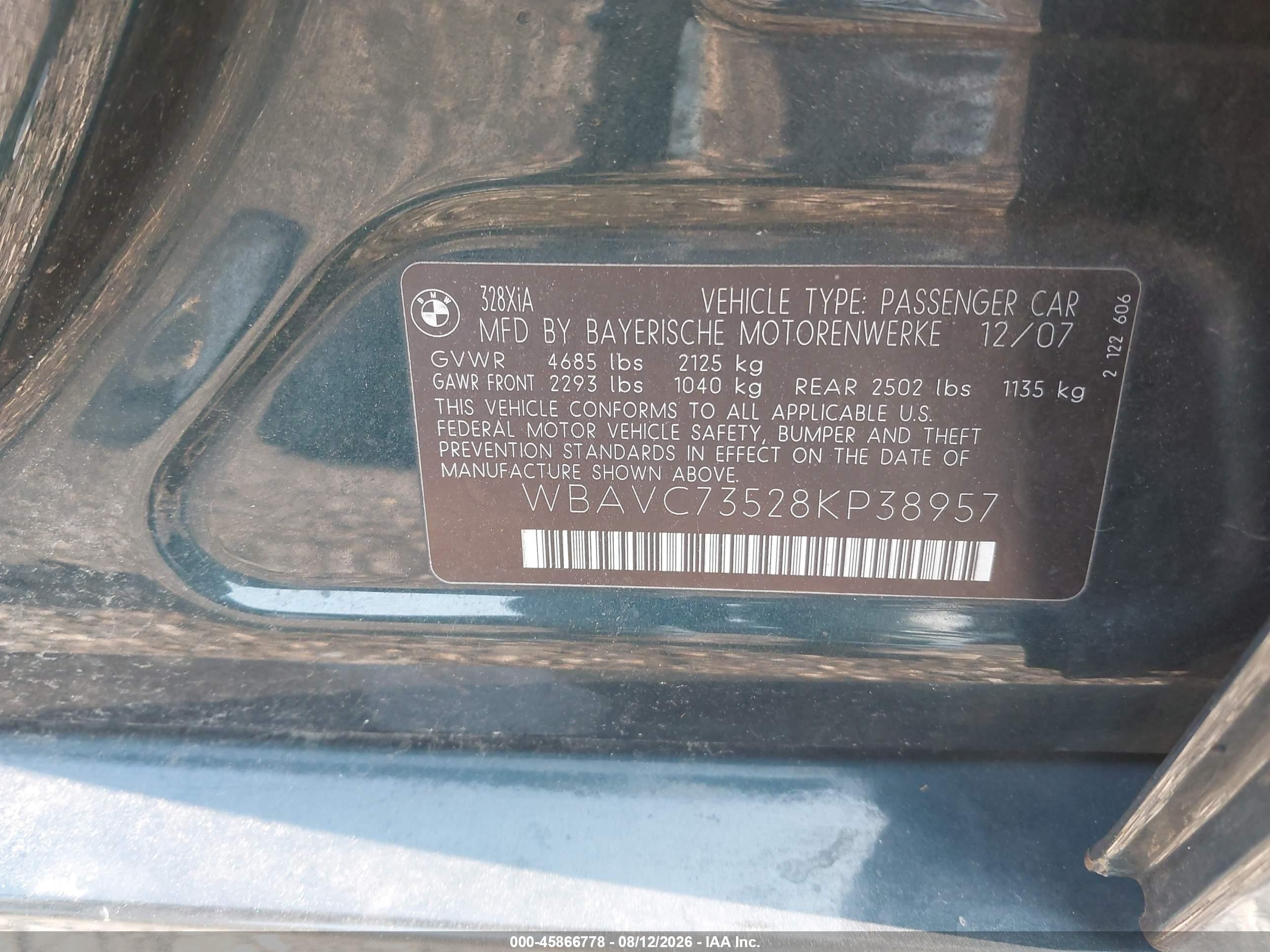 2008 Bmw 328xi   Зеленый vin: WBAVC73528KP38957