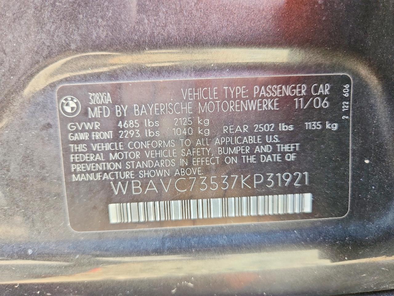 2007 Bmw 328 Xi Gray vin: WBAVC73537KP31921