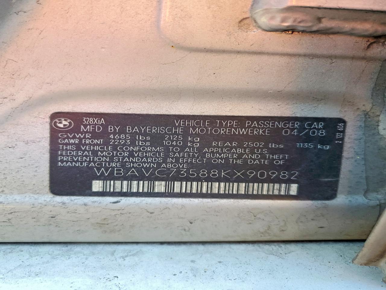 2008 Bmw 328 Xi Sulev Серый vin: WBAVC73588KX90982