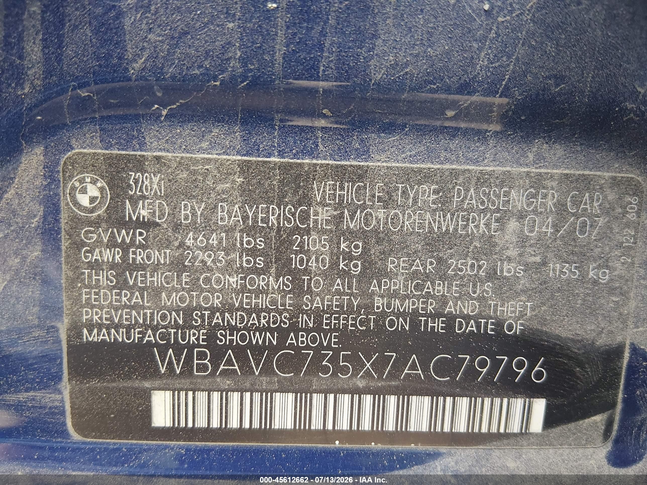 2007 Bmw 328xi   Blue vin: WBAVC735X7AC79796