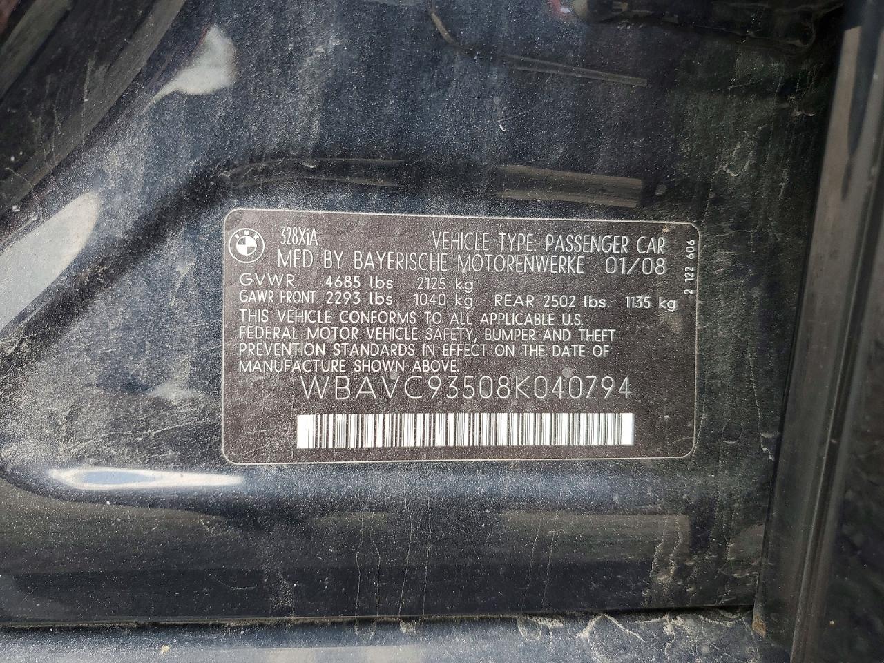 2008 Bmw 328 Xi Black vin: WBAVC93508K040794