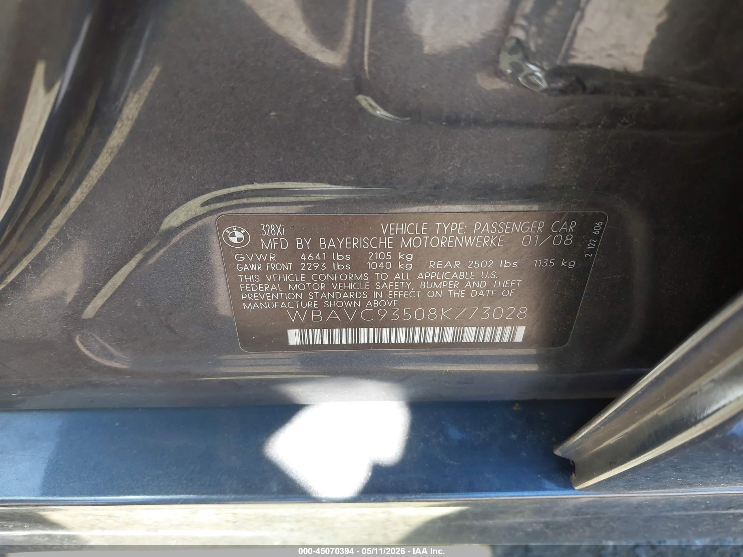 2008 Bmw 328xi   Gray vin: WBAVC93508KZ73028