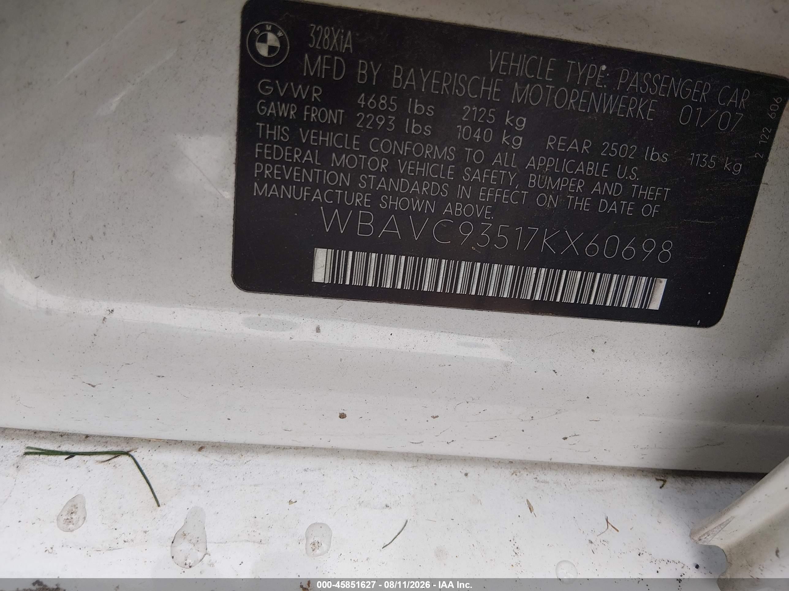 2007 Bmw 328xi   White vin: WBAVC93517KX60698
