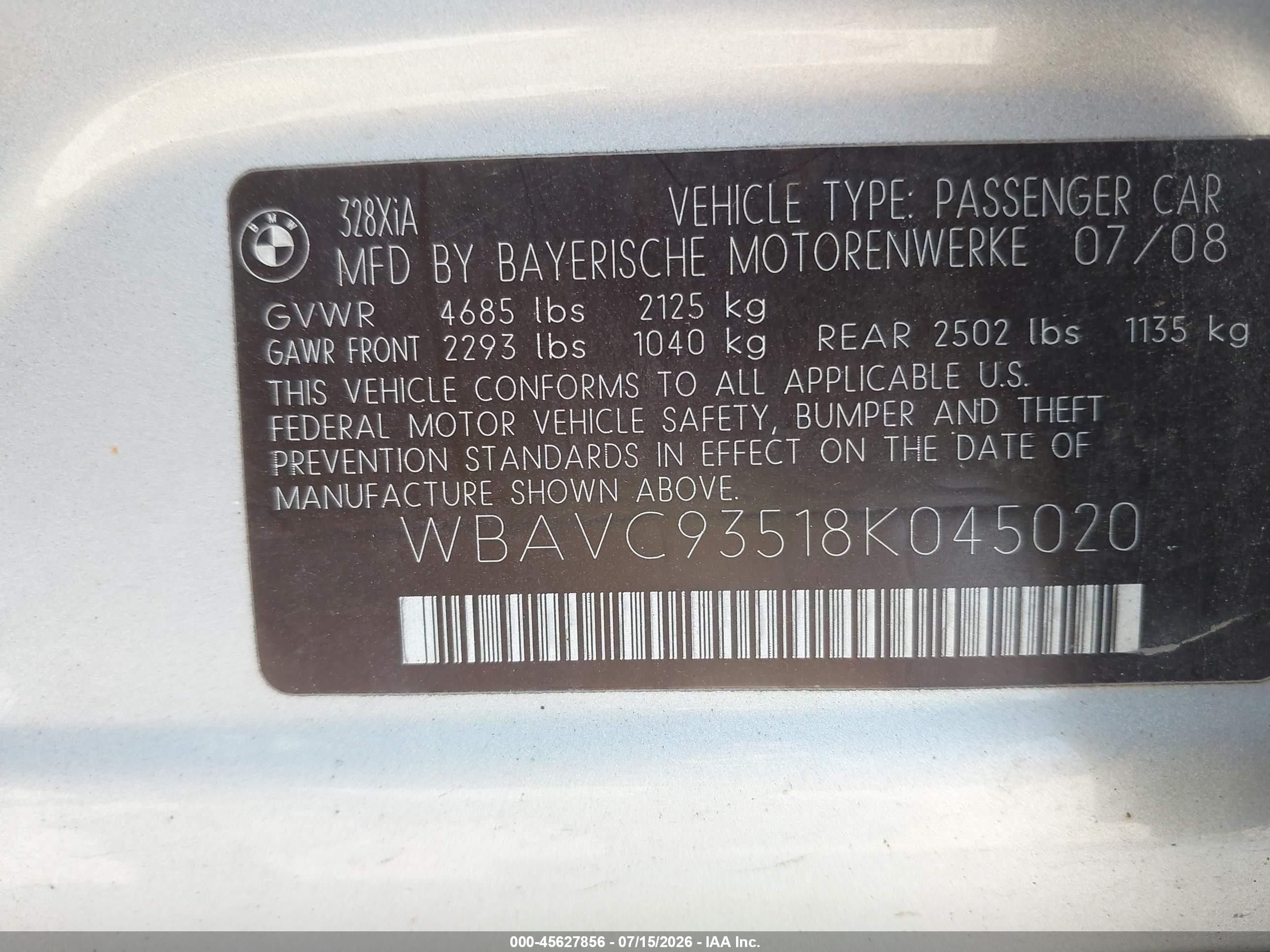 2008 Bmw 328xi   Silver vin: WBAVC93518K045020
