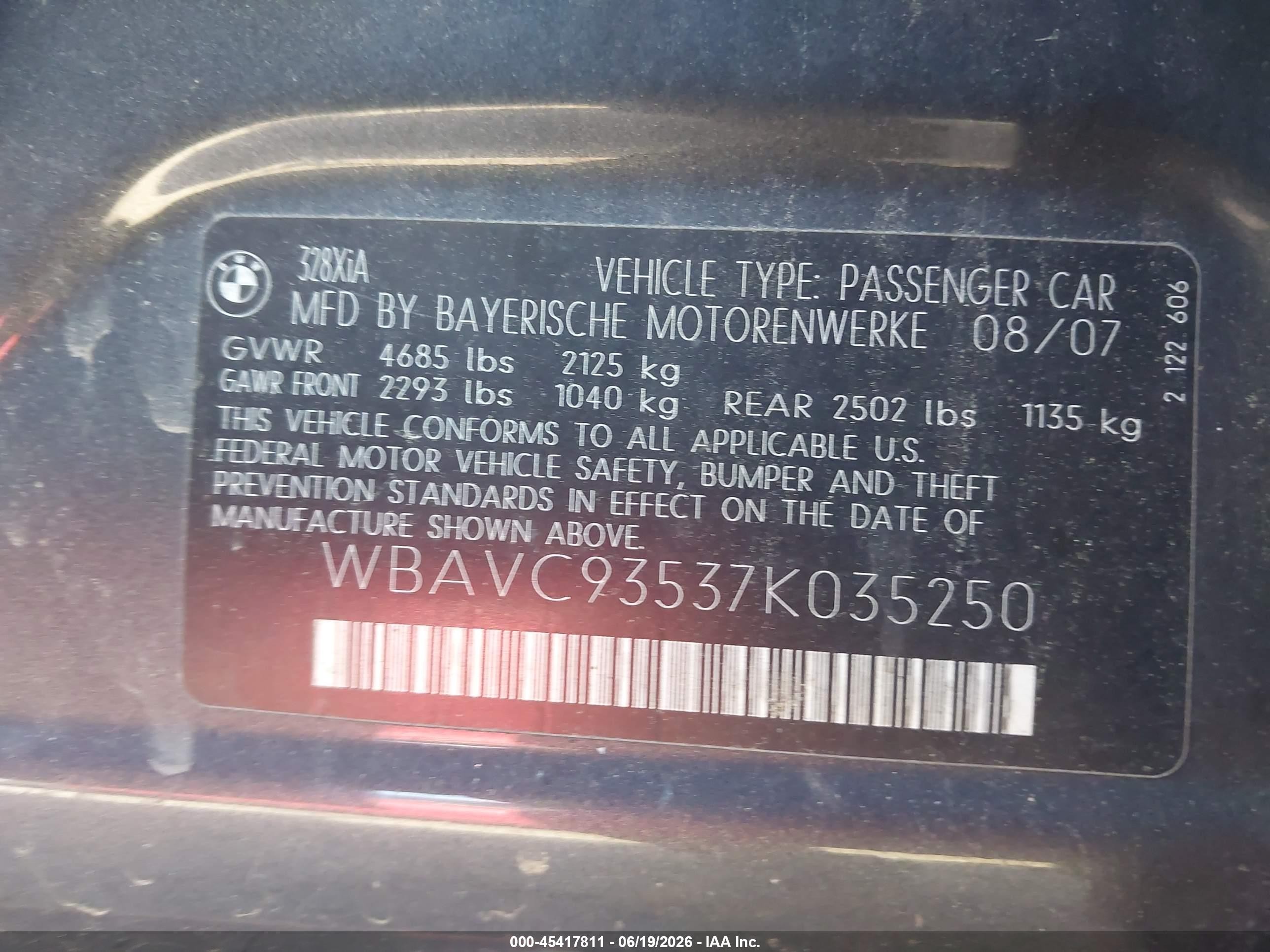 2007 Bmw 328xi   Gray vin: WBAVC93537K035250
