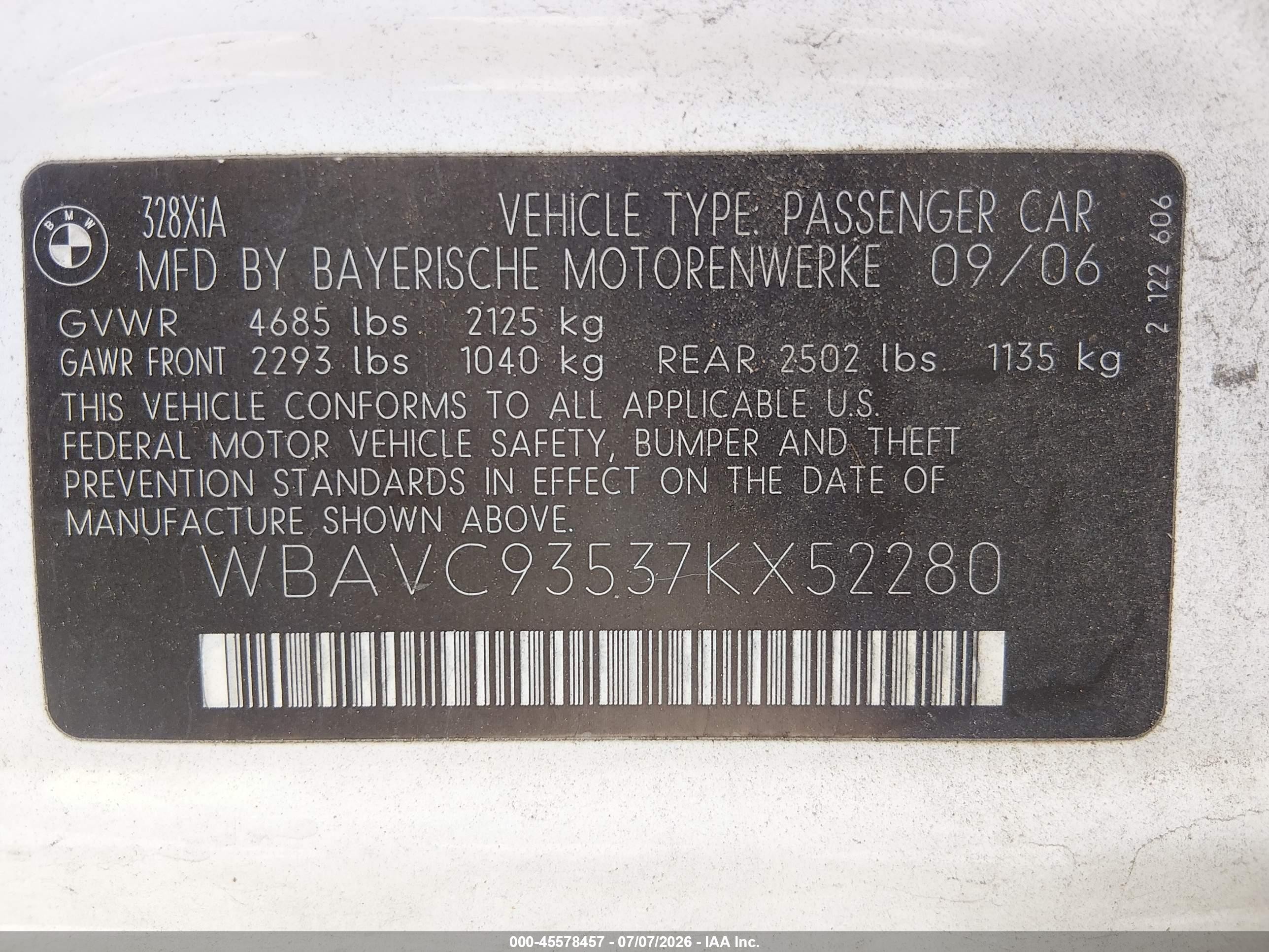 2007 Bmw 328xi   White vin: WBAVC93537KX52280