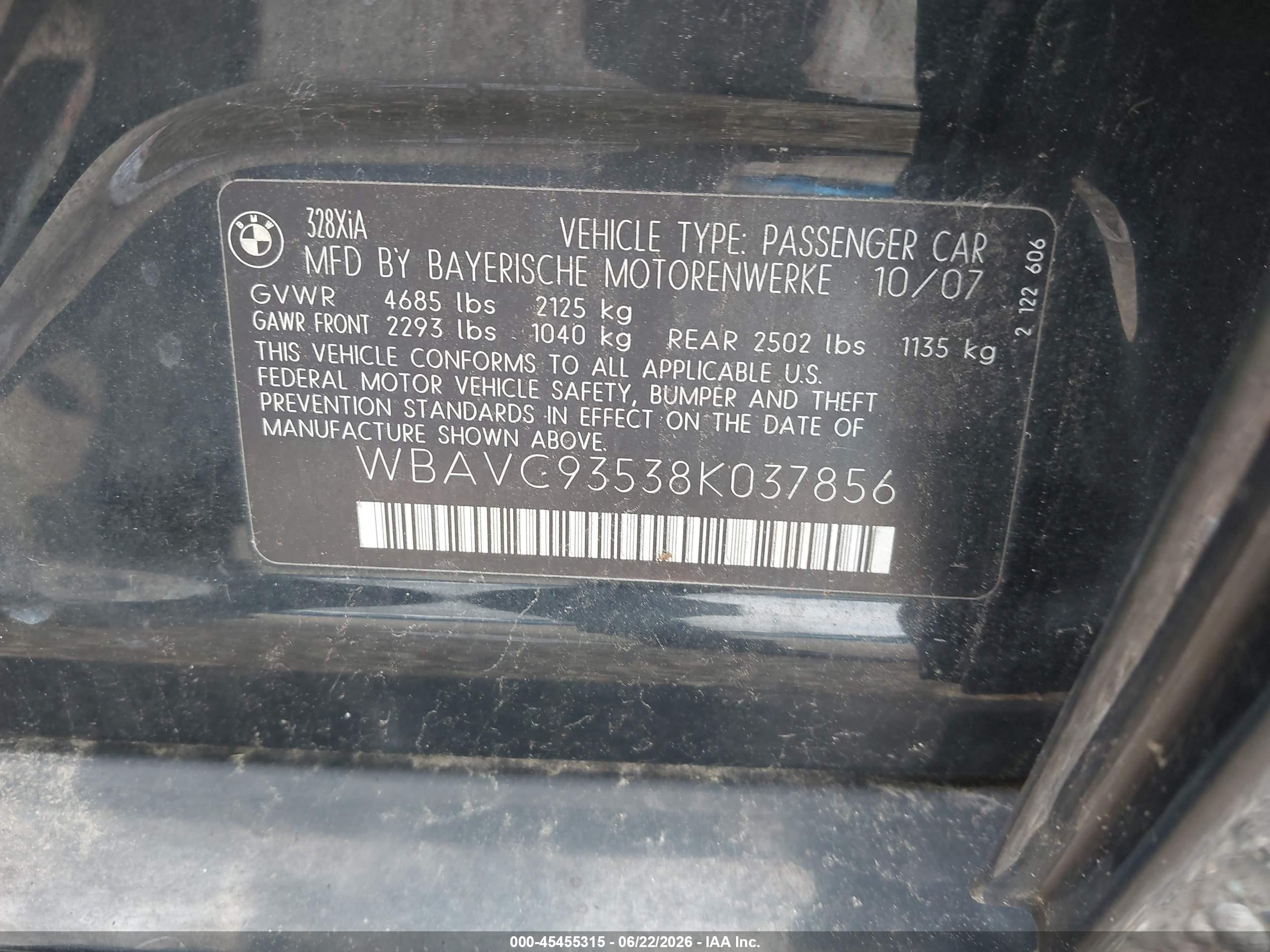 2008 Bmw 328xi   Черный vin: WBAVC93538K037856