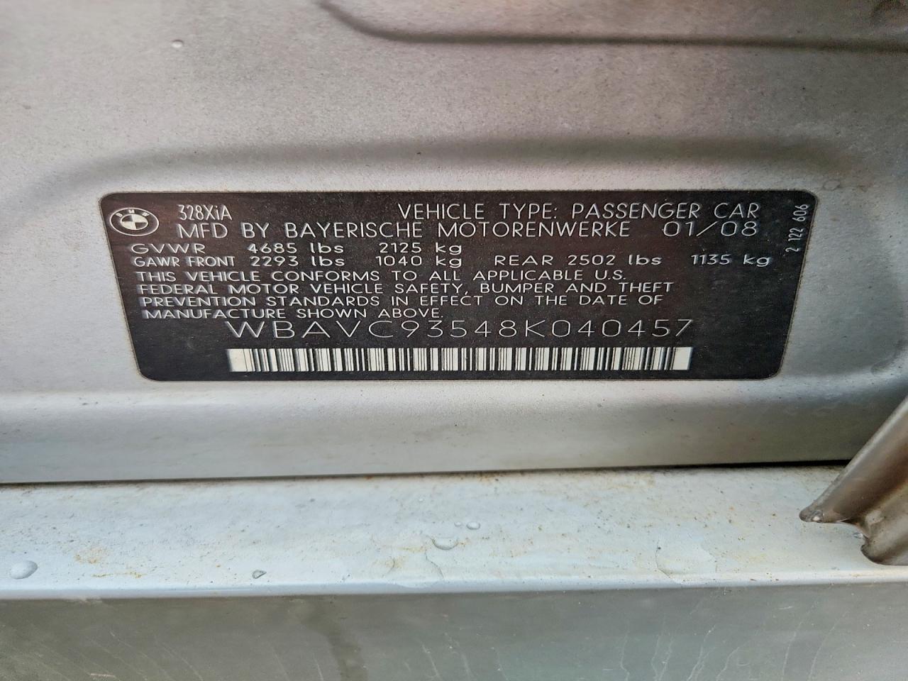 2008 Bmw 328 Xi Silver vin: WBAVC93548K040457