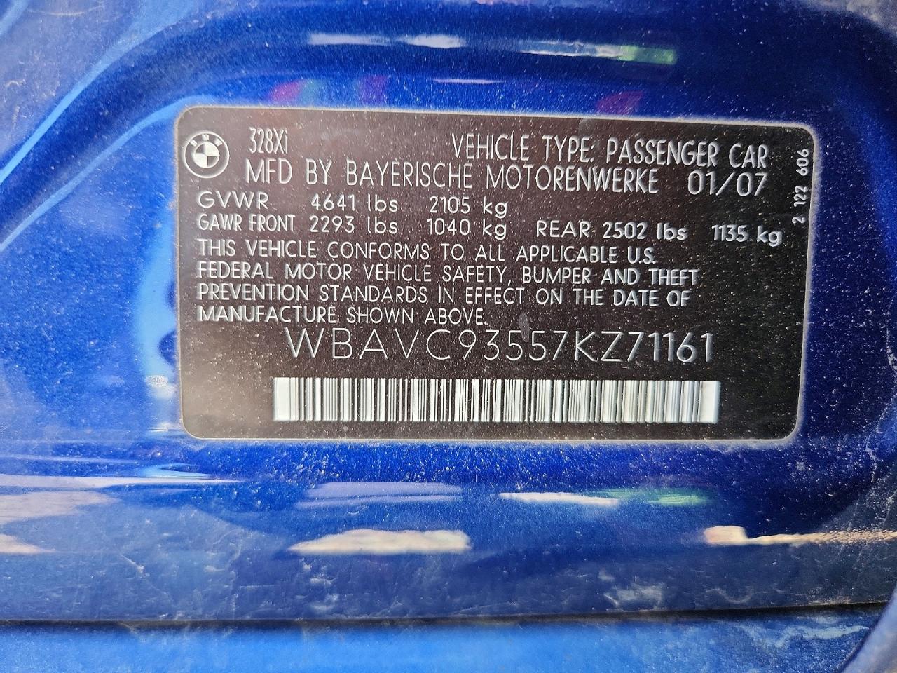 2007 Bmw 328 Xi Blue vin: WBAVC93557KZ71161