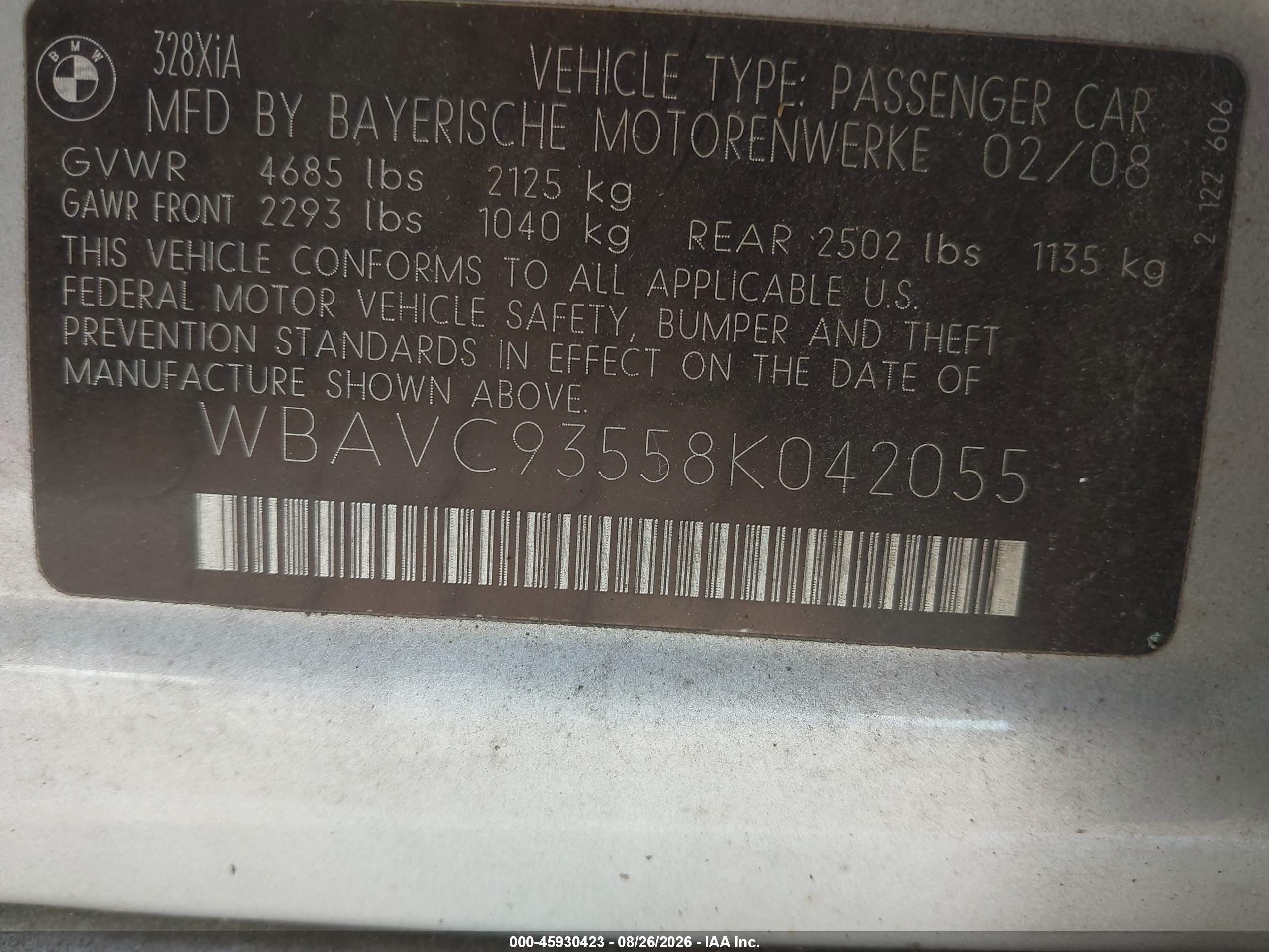 2008 Bmw 328xi   Silver vin: WBAVC93558K042055