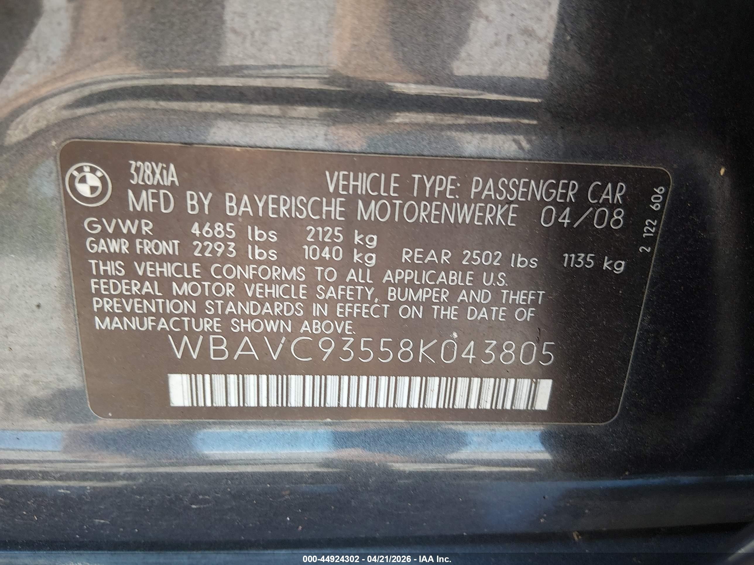 2008 Bmw 328xi   Серый vin: WBAVC93558K043805