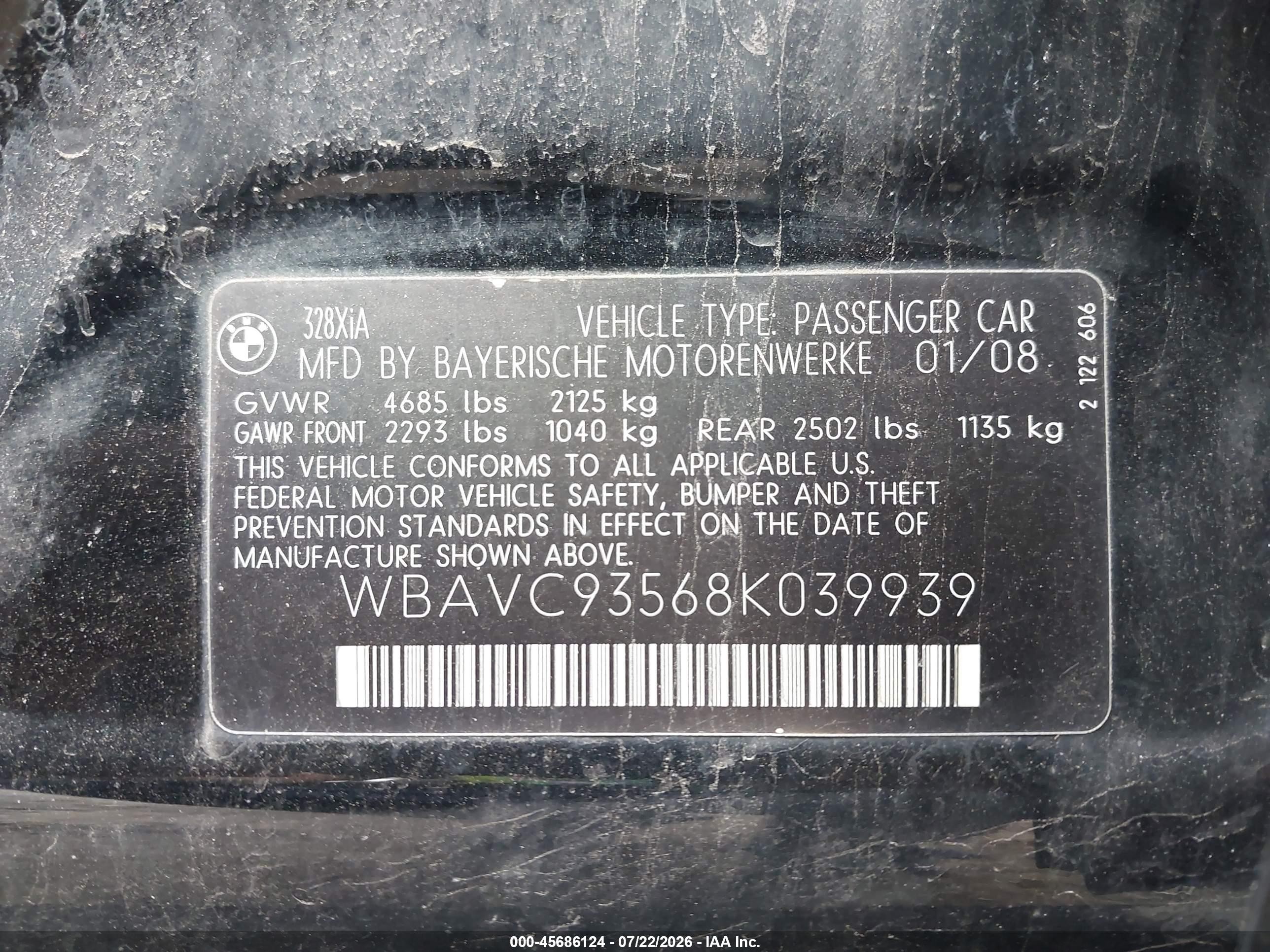 2008 Bmw 328xi   Black vin: WBAVC93568K039939