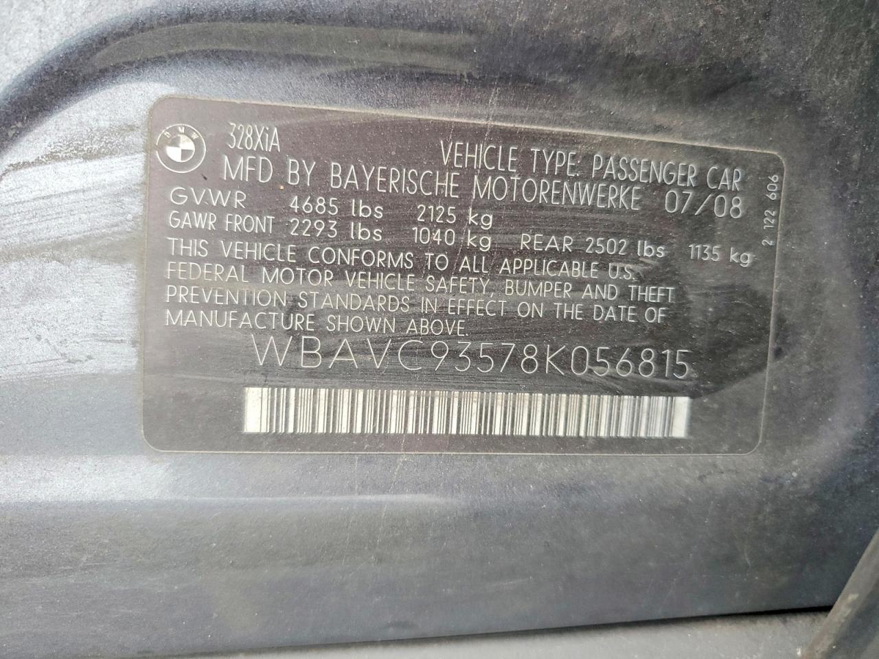 2008 Bmw 328 Xi Gray vin: WBAVC93578K056815