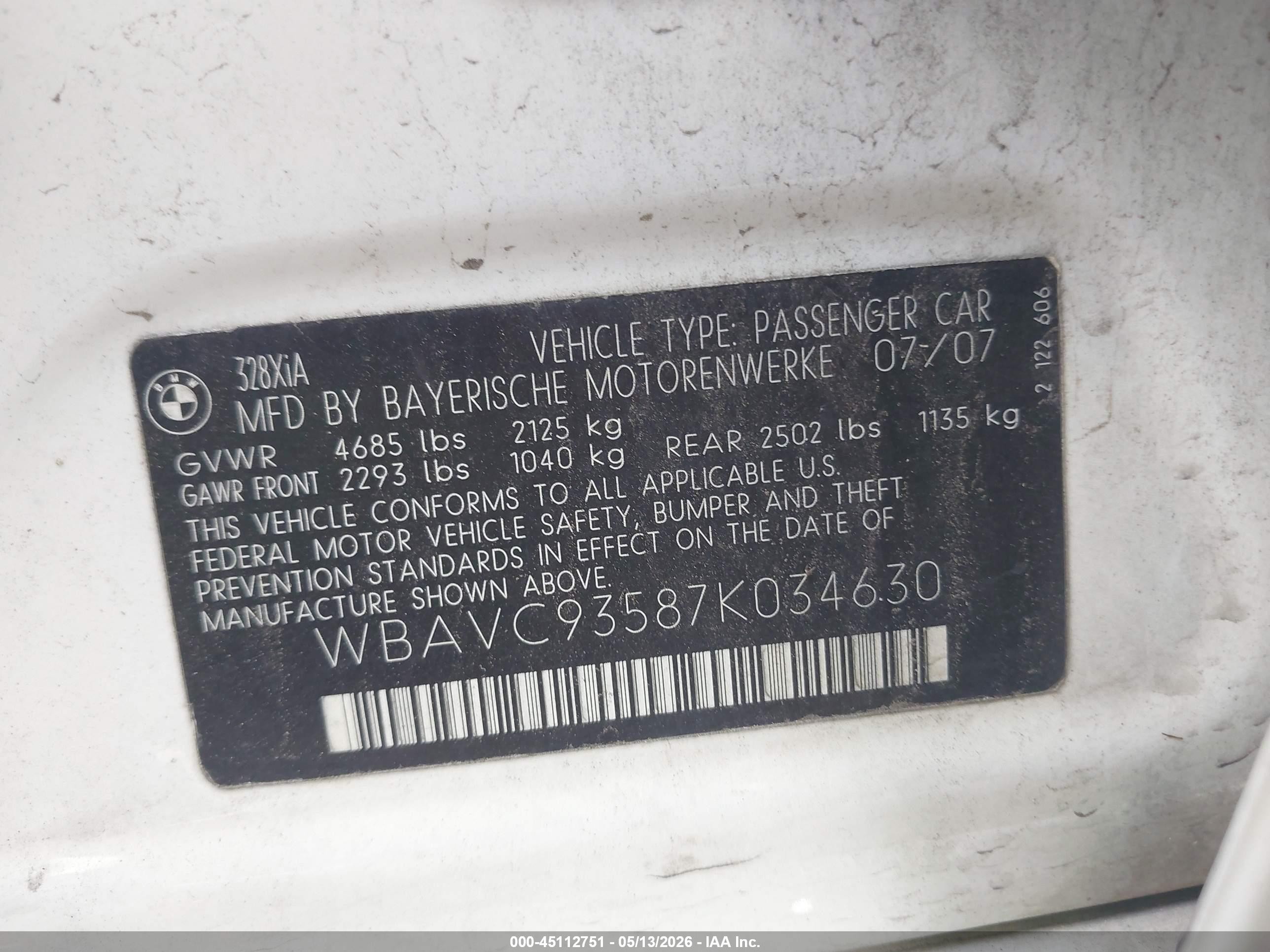 2007 Bmw 328xi   White vin: WBAVC93587K034630