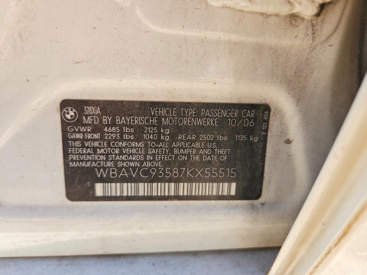 2007 Bmw 328 Xi Белый vin: WBAVC93587KX55515