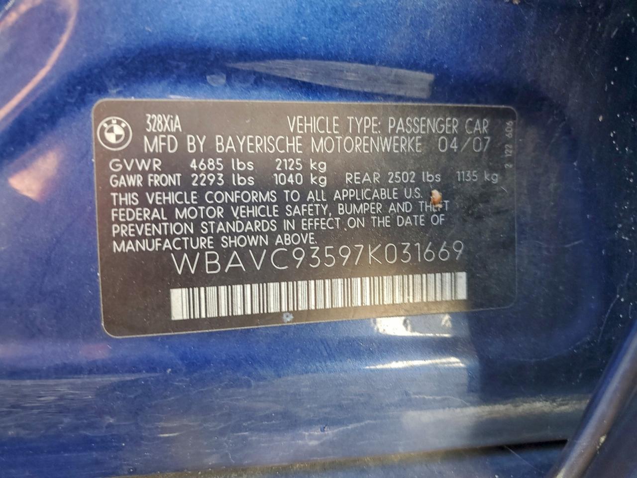 2007 Bmw 328 Xi Blue vin: WBAVC93597K031669