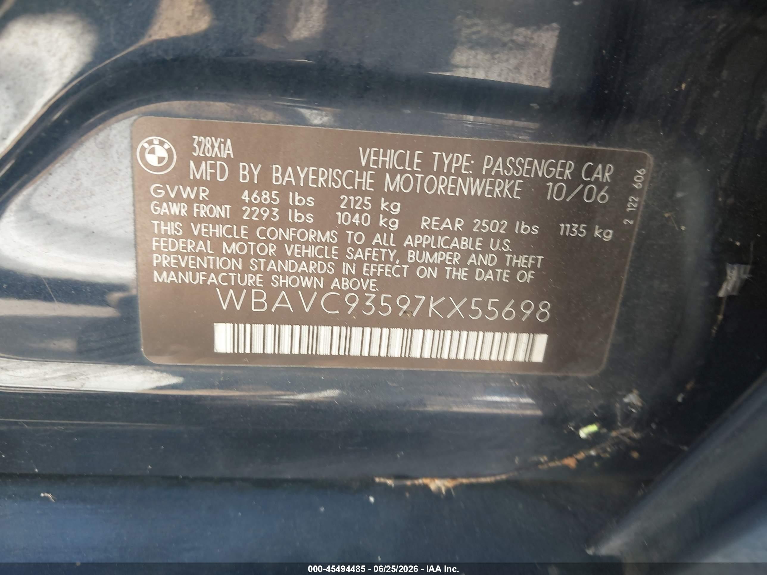 2007 Bmw 328xi   Blue vin: WBAVC93597KX55698