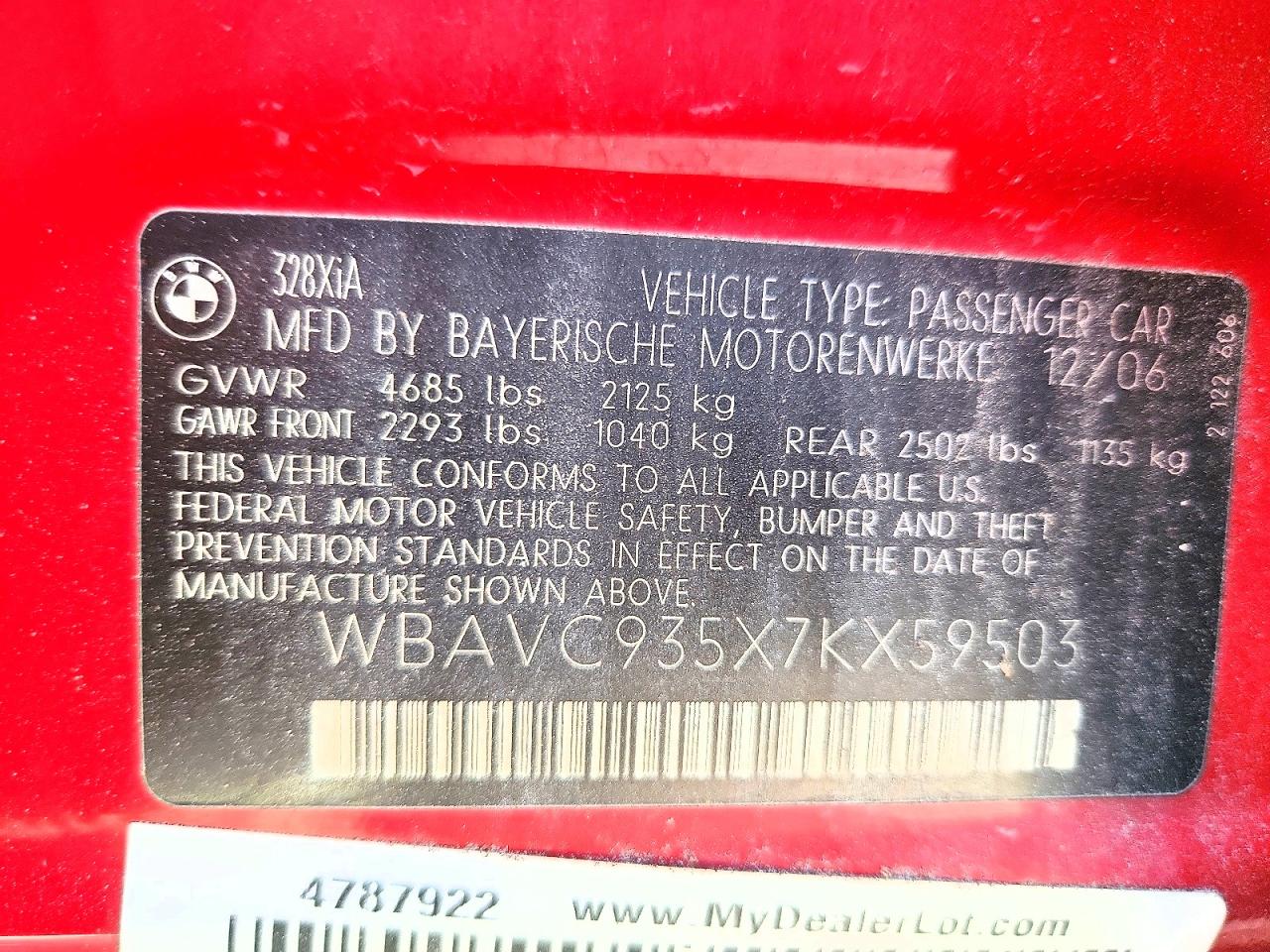 2007 Bmw 328 Xi Red vin: WBAVC935X7KX59503