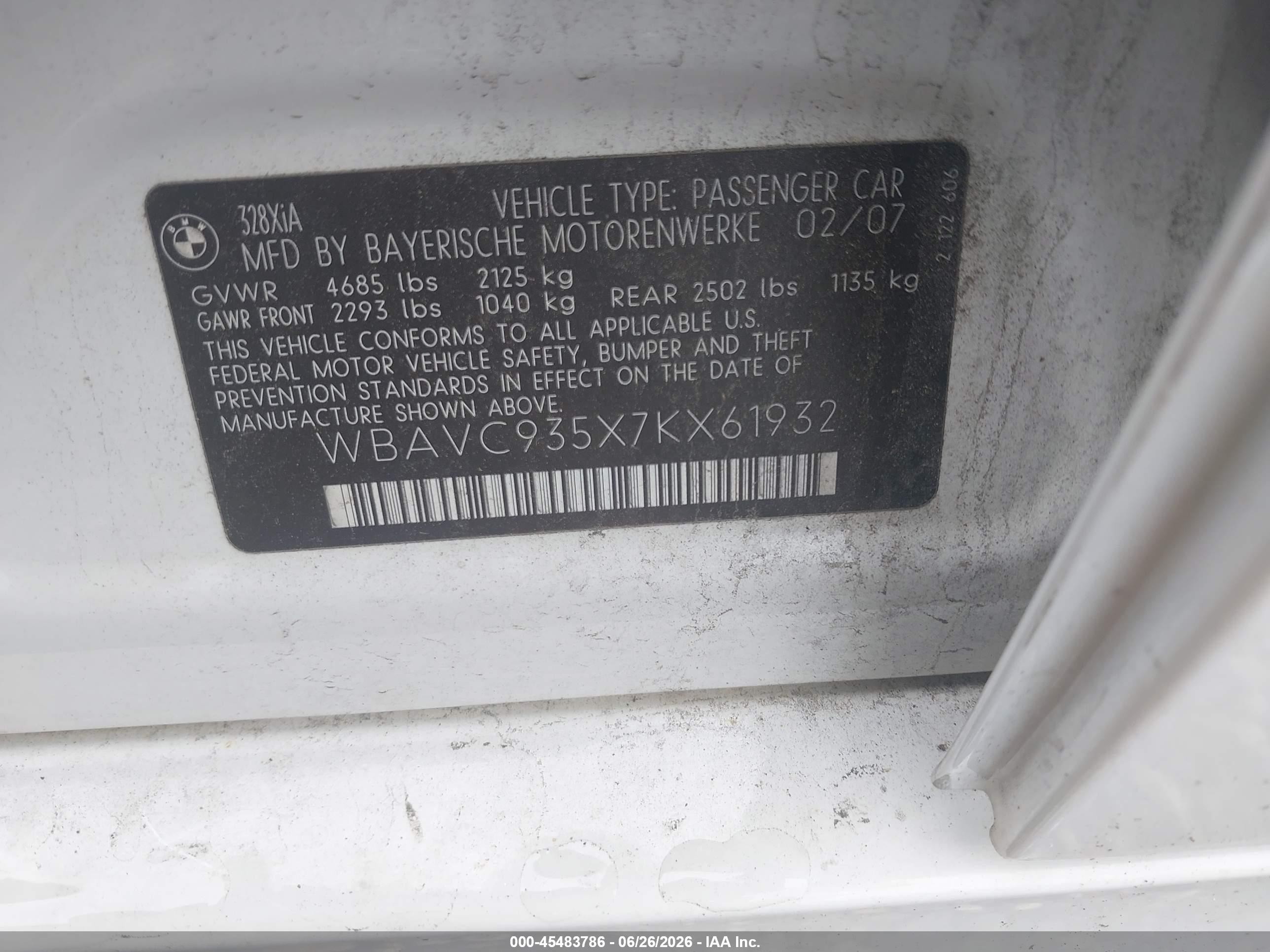 2007 Bmw 328xi Белый vin: WBAVC935X7KX61932