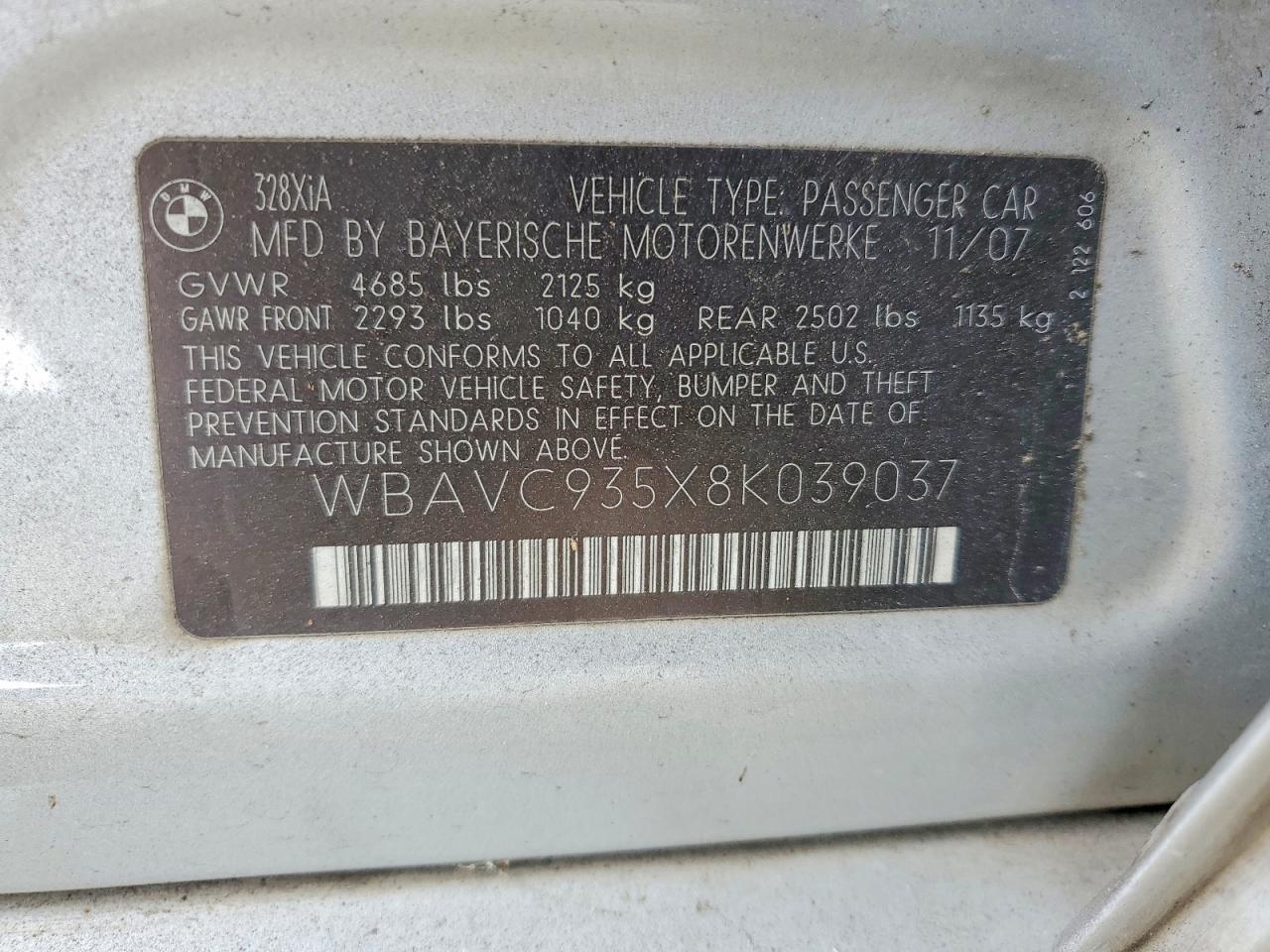 2008 Bmw 328 Xi Silver vin: WBAVC935X8K039037