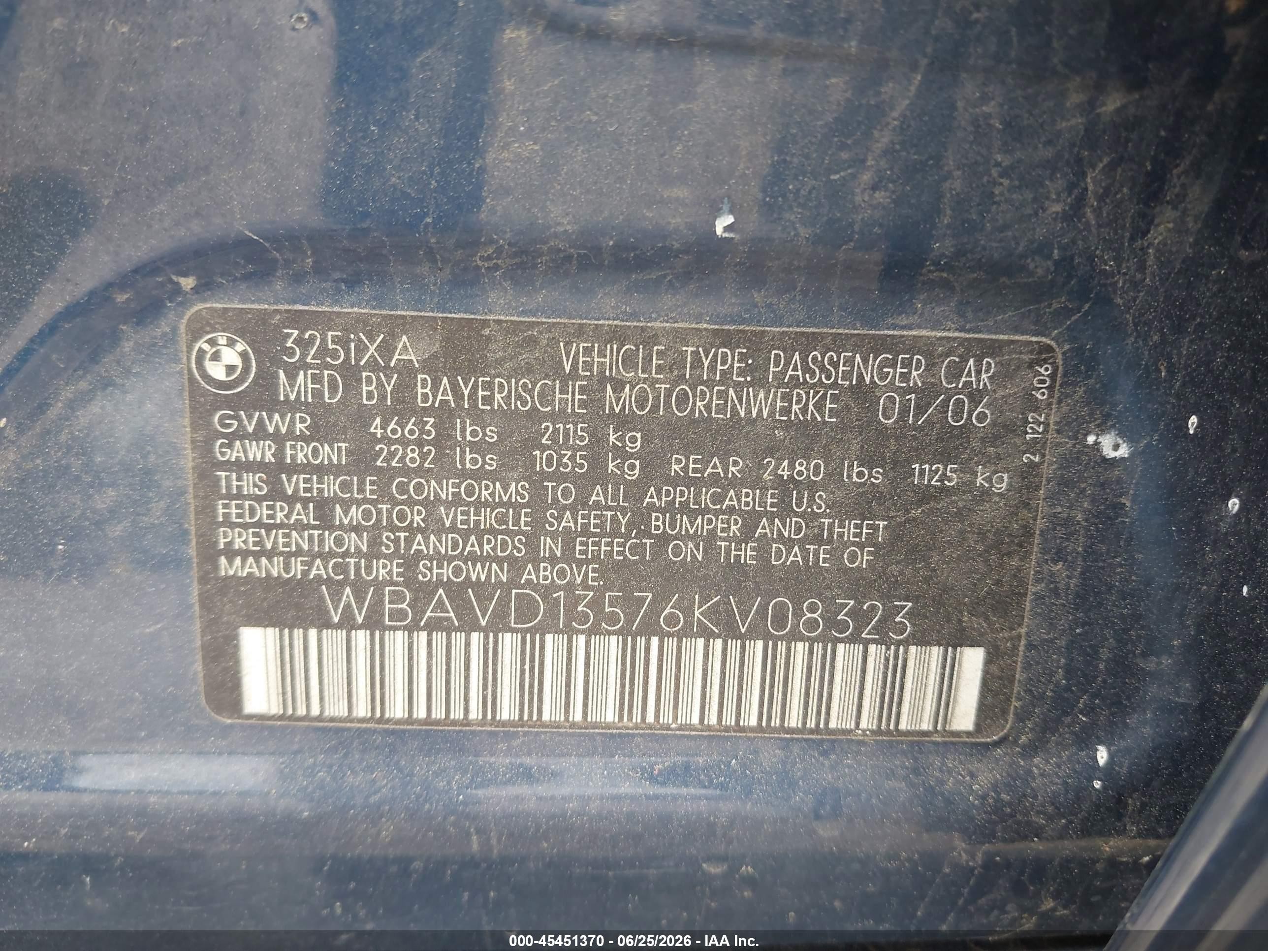 2006 Bmw 325xi   Dark Blue vin: WBAVD13576KV08323