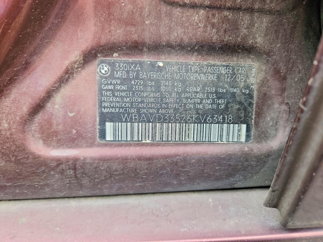 2006 Bmw 330 Xi Maroon vin: WBAVD33526KV63418