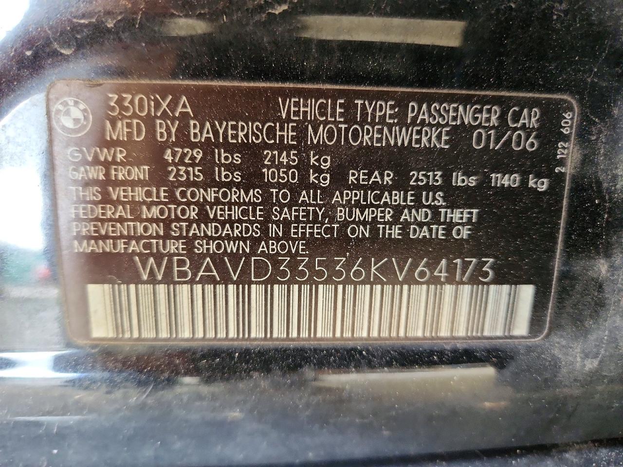 2006 Bmw 330 Black vin: WBAVD33536KV64173