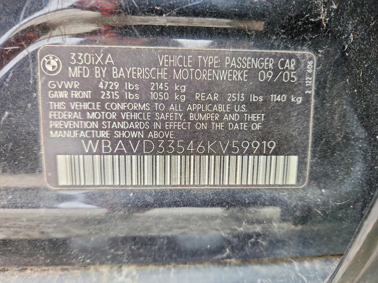 2006 Bmw 330 Xi Black vin: WBAVD33546KV59919