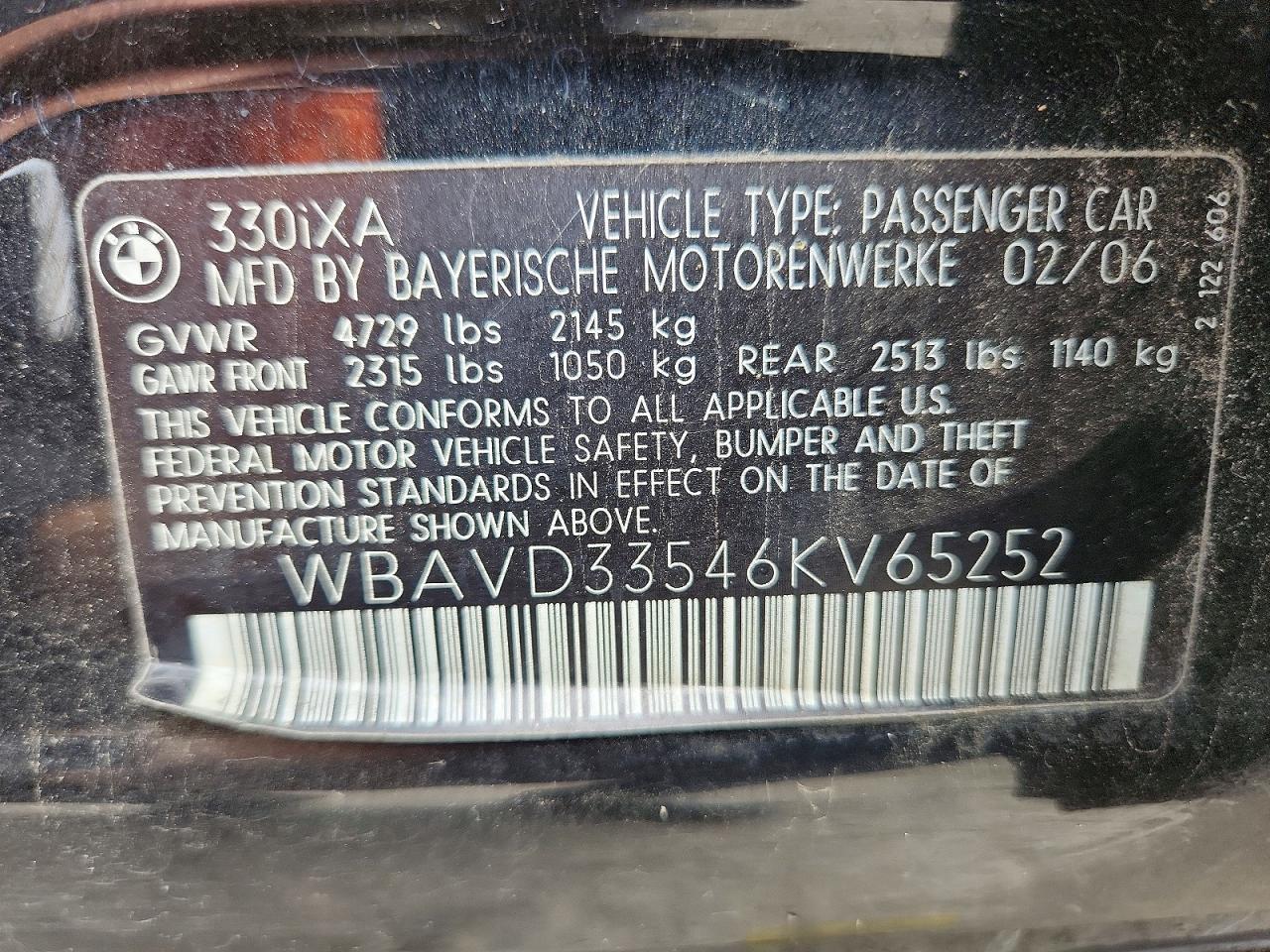 2006 Bmw 330xi Black vin: WBAVD33546KV65252