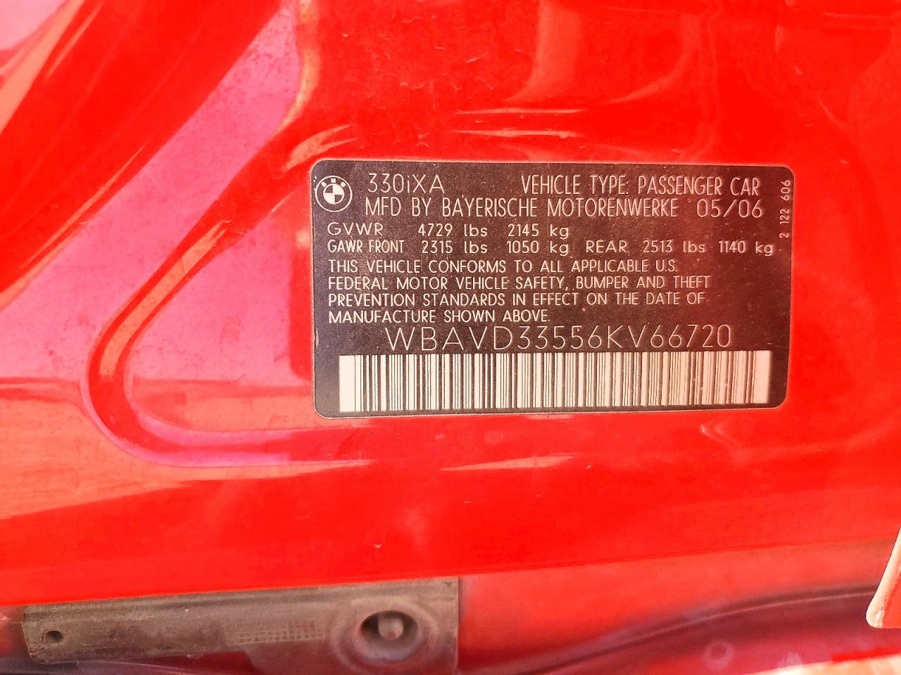 2006 Bmw 330 Xi Red vin: WBAVD33556KV66720