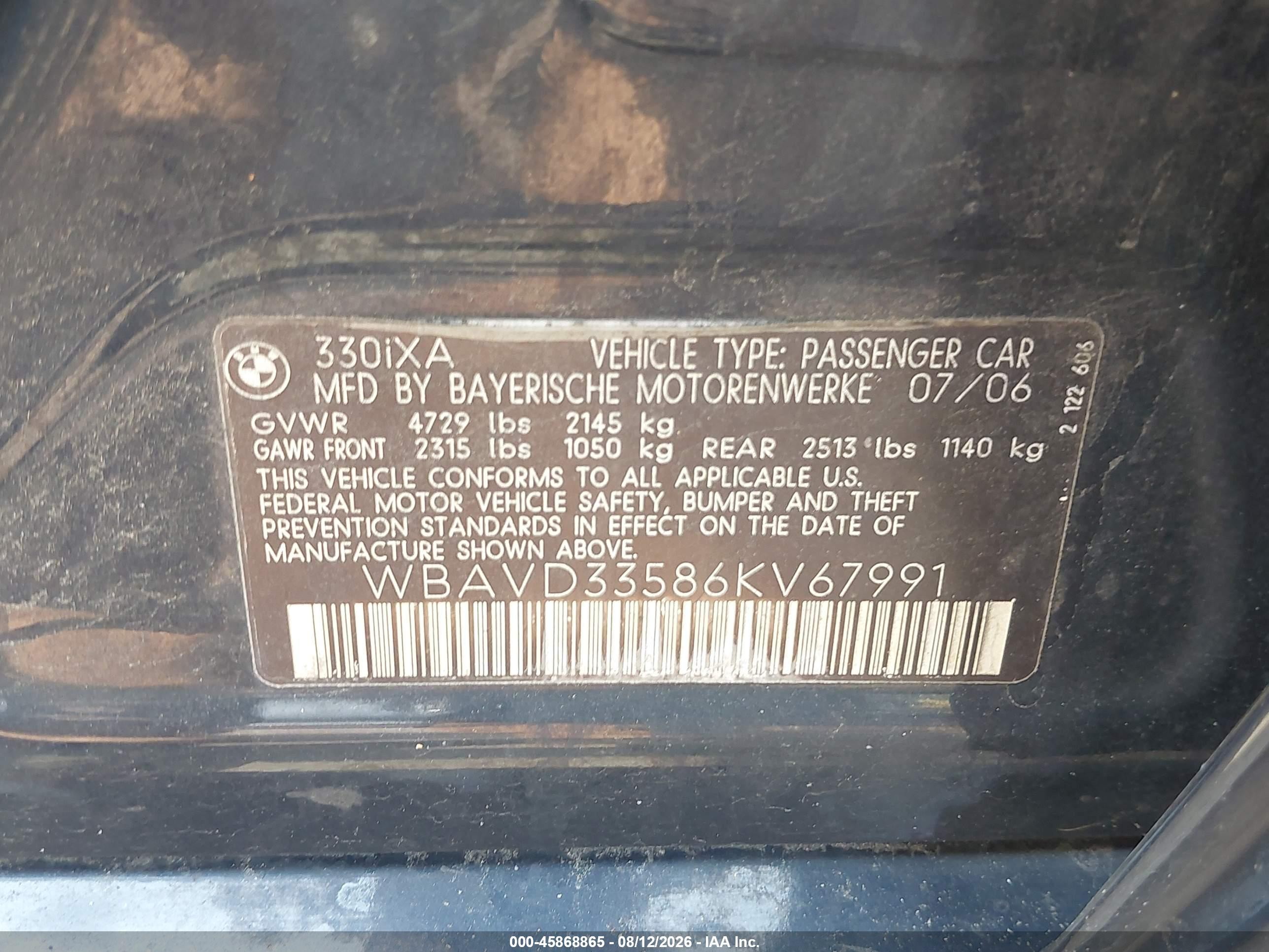2006 Bmw 330xi   Blue vin: WBAVD33586KV67991