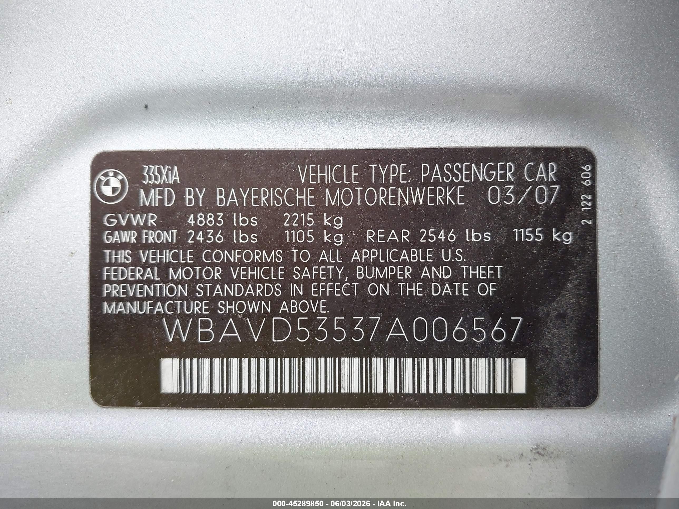 2007 Bmw 335xi   Silver vin: WBAVD53537A006567