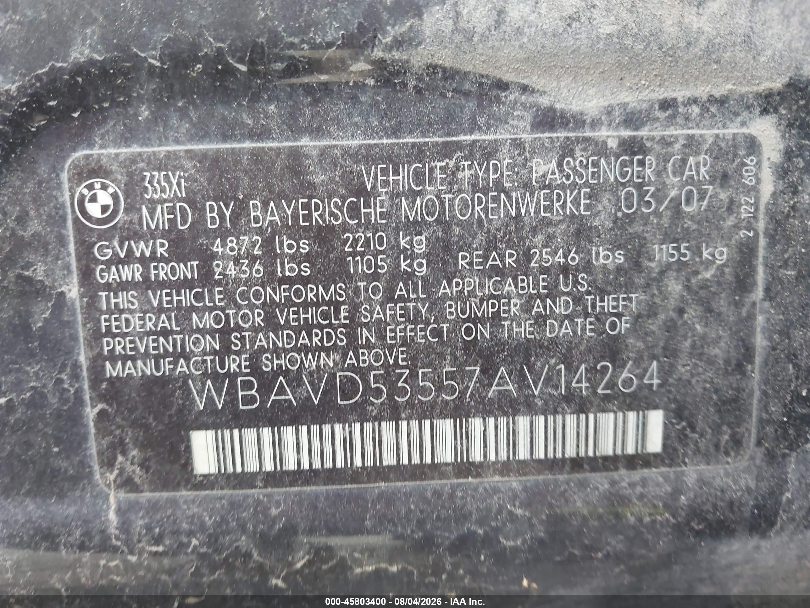 2007 Bmw 335xi   Gray vin: WBAVD53557AV14264