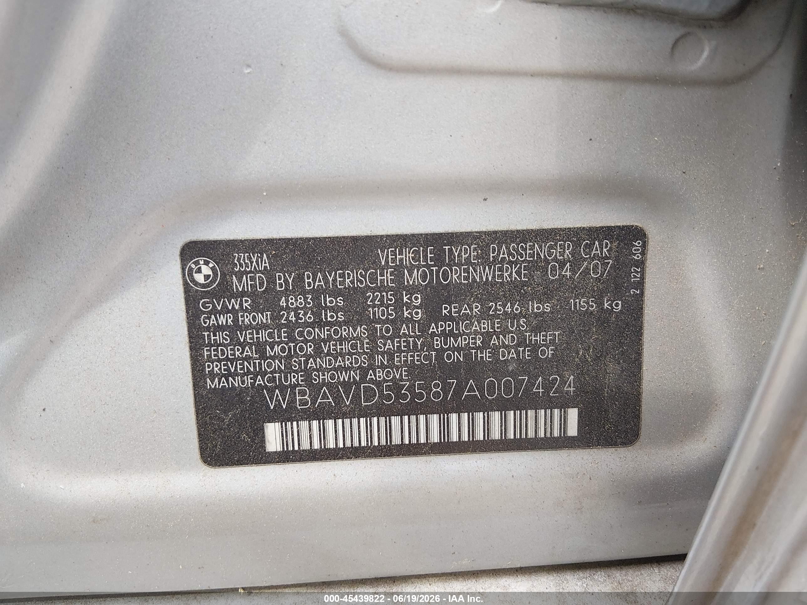 2007 Bmw 335xi   Silver vin: WBAVD53587A007424