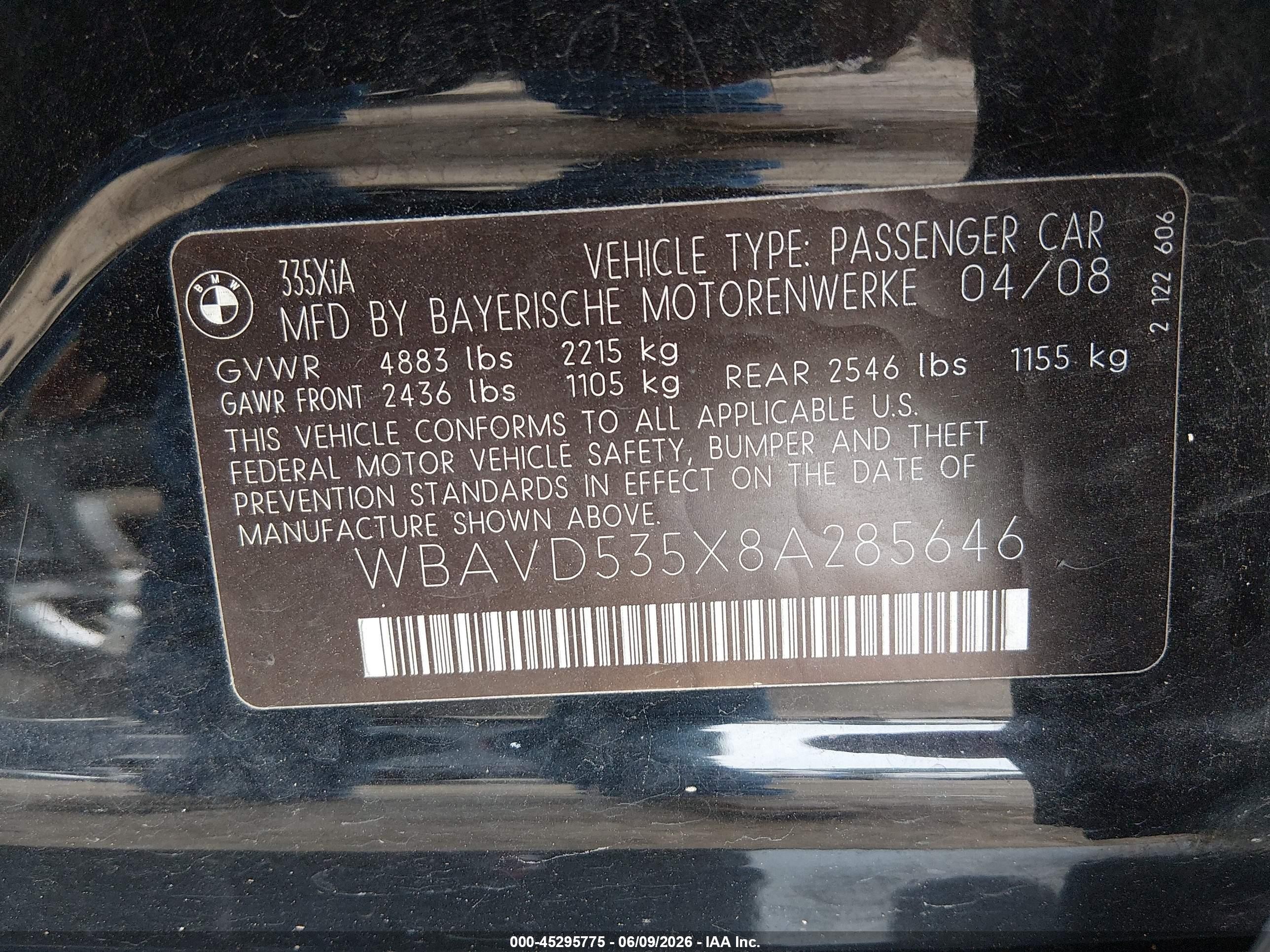 2008 Bmw 335xi   Черный vin: WBAVD535X8A285646