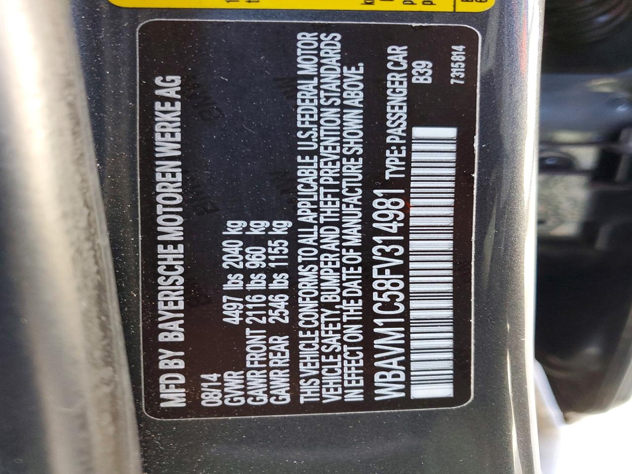 2015 Bmw X1 Sdrive28i Gray vin: WBAVM1C58FV314981