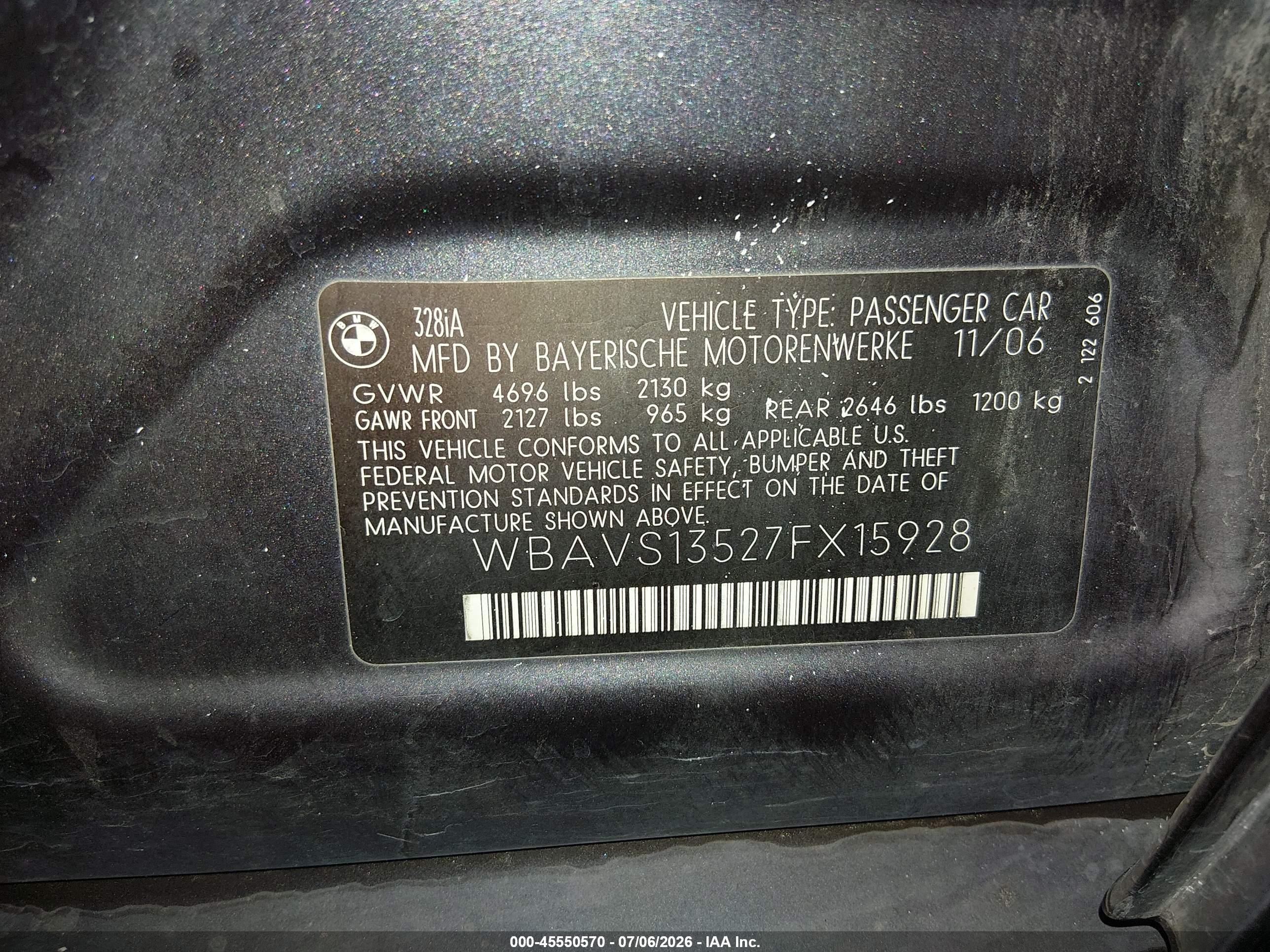 2007 Bmw 328i   Gray vin: WBAVS13527FX15928