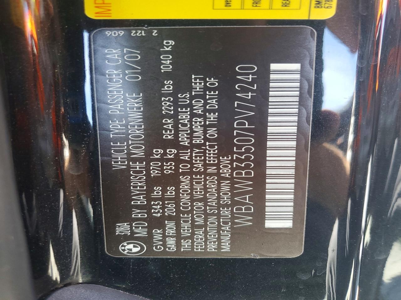 2007 Bmw 328 I Black vin: WBAWB33507PV74240