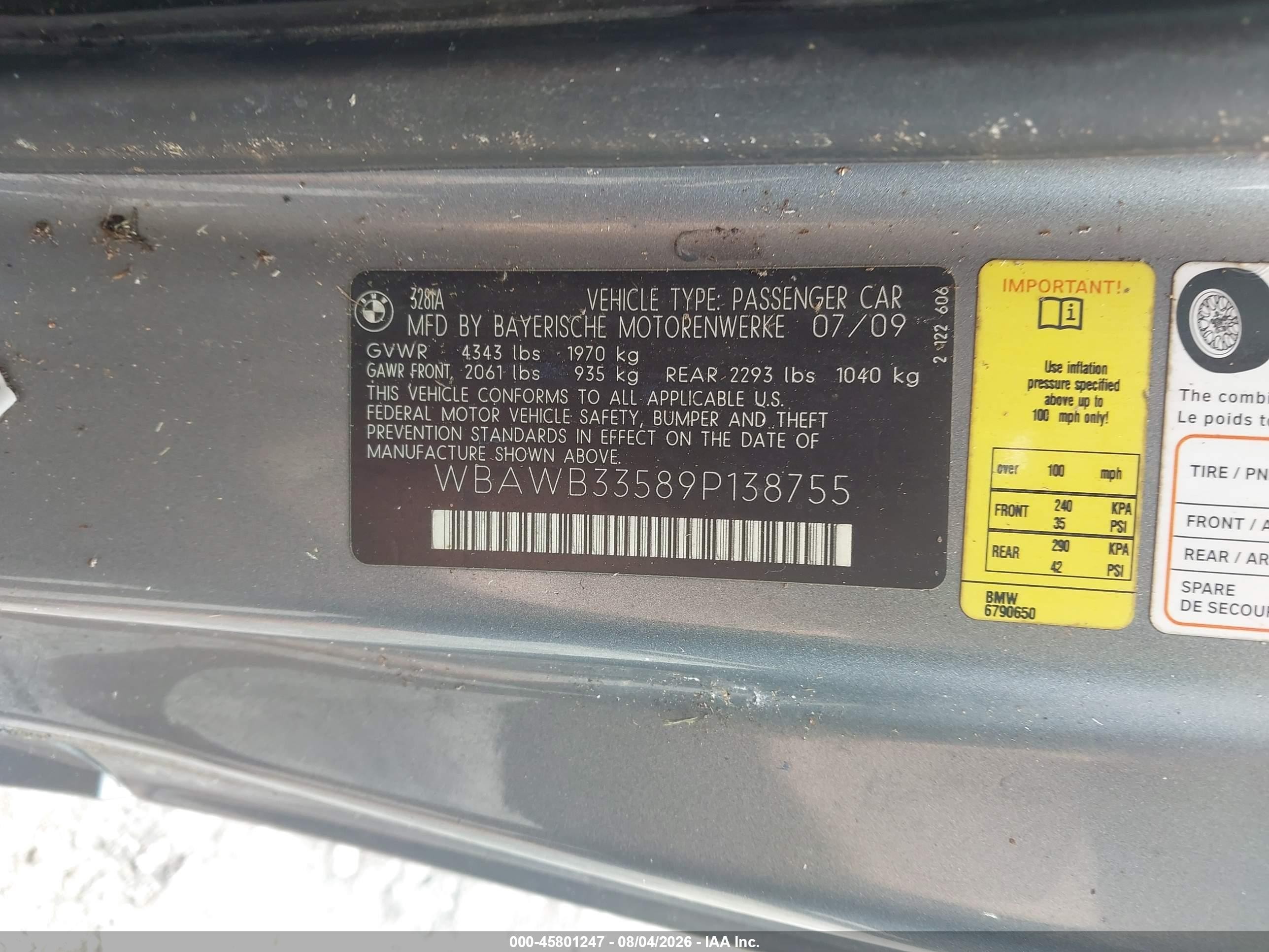 2009 Bmw 328i   Gray vin: WBAWB33589P138755