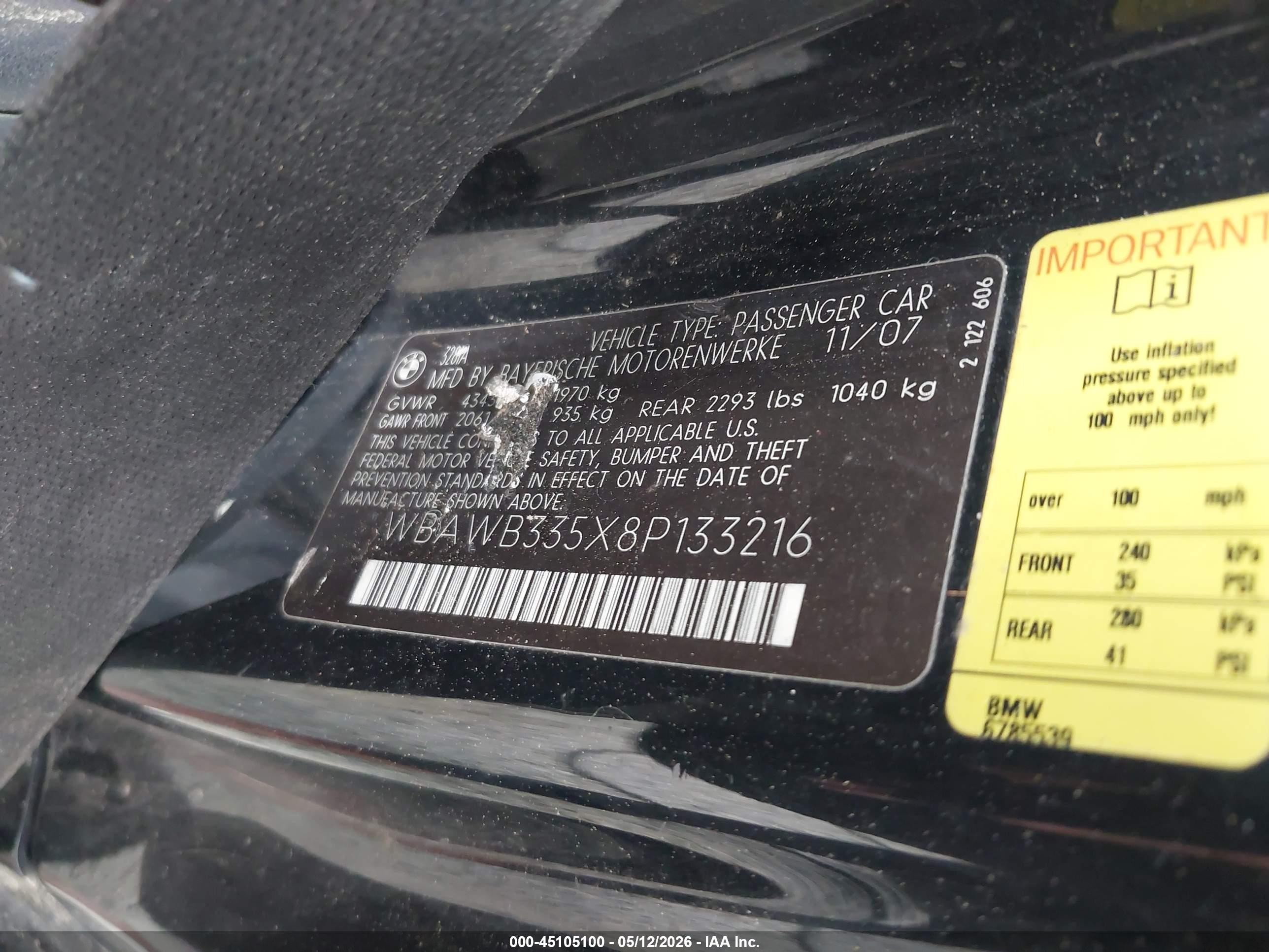 2008 Bmw 328i   Black vin: WBAWB335X8P133216