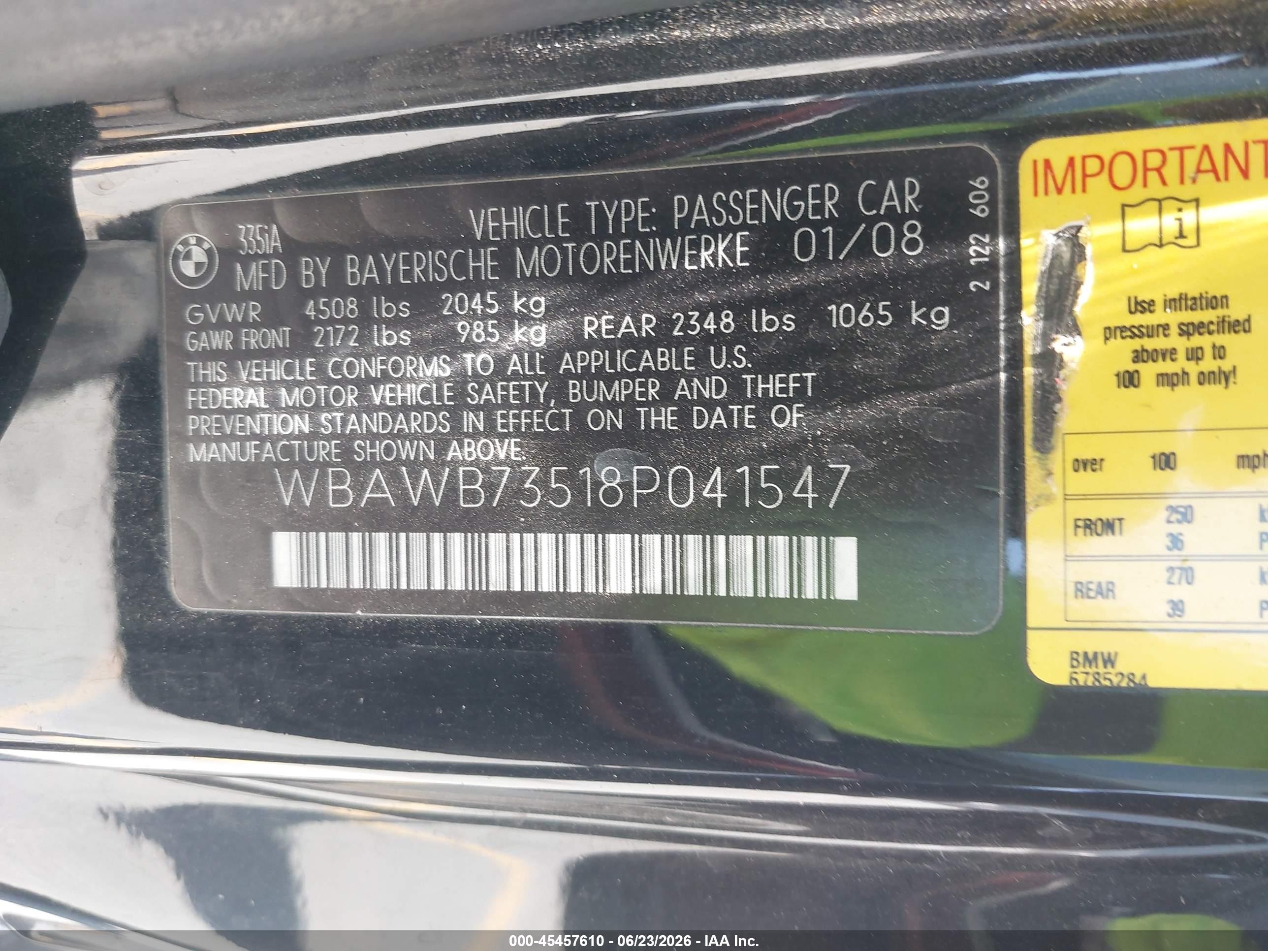 2008 Bmw 335i   Black vin: WBAWB73518P041547