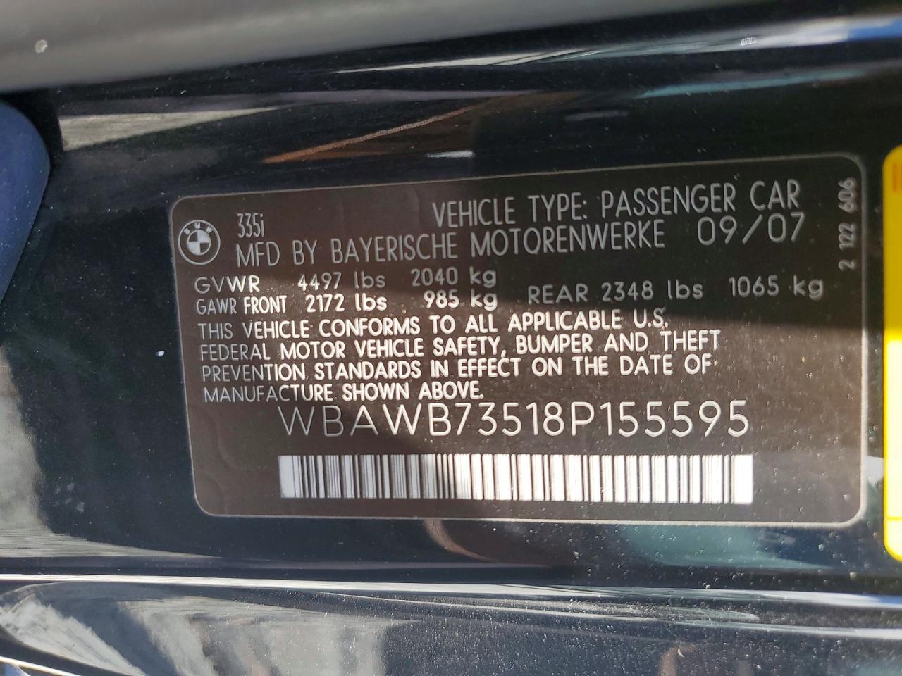 2008 Bmw 335 I Black vin: WBAWB73518P155595