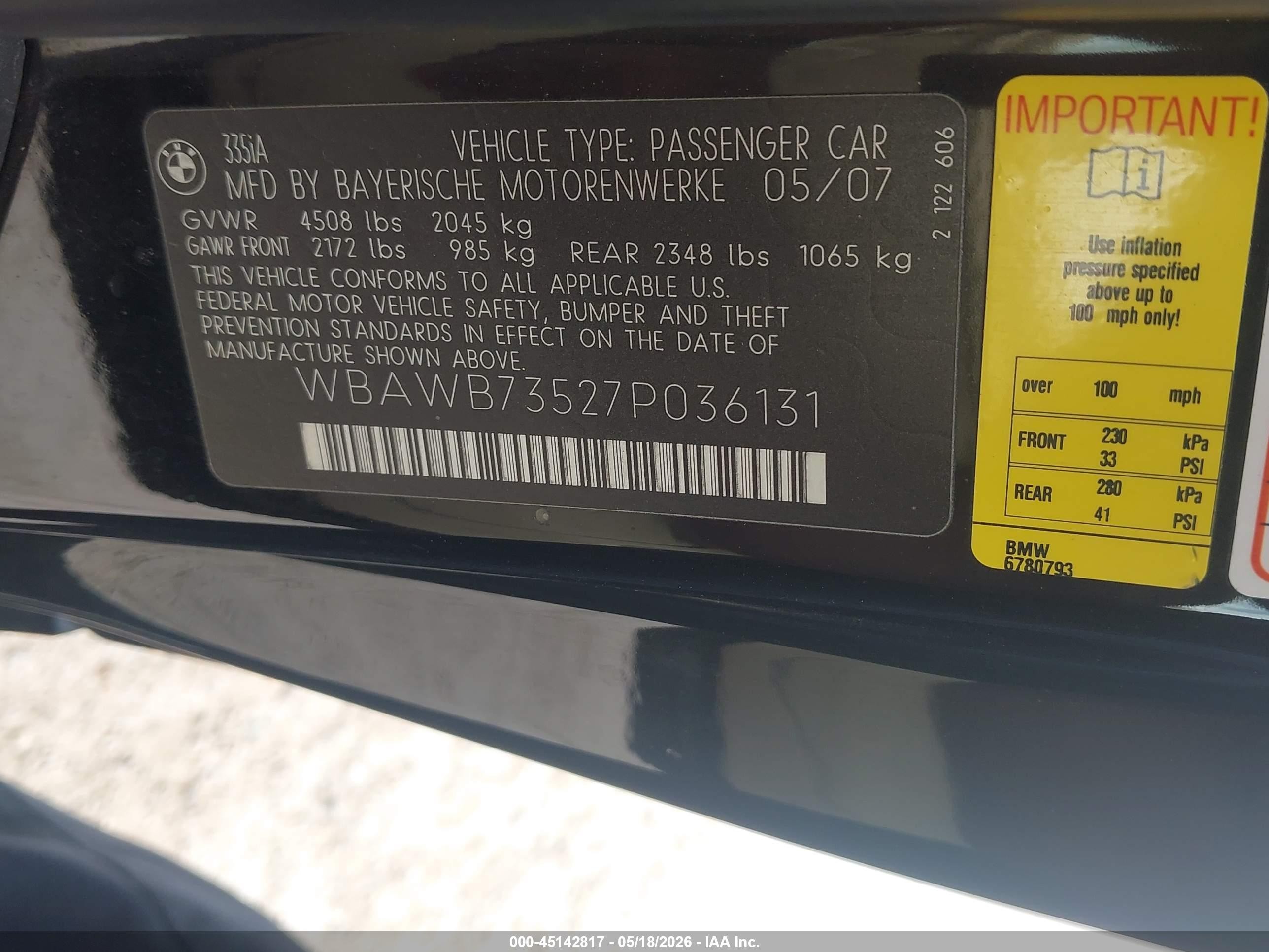 2007 Bmw 335i   Black vin: WBAWB73527P036131