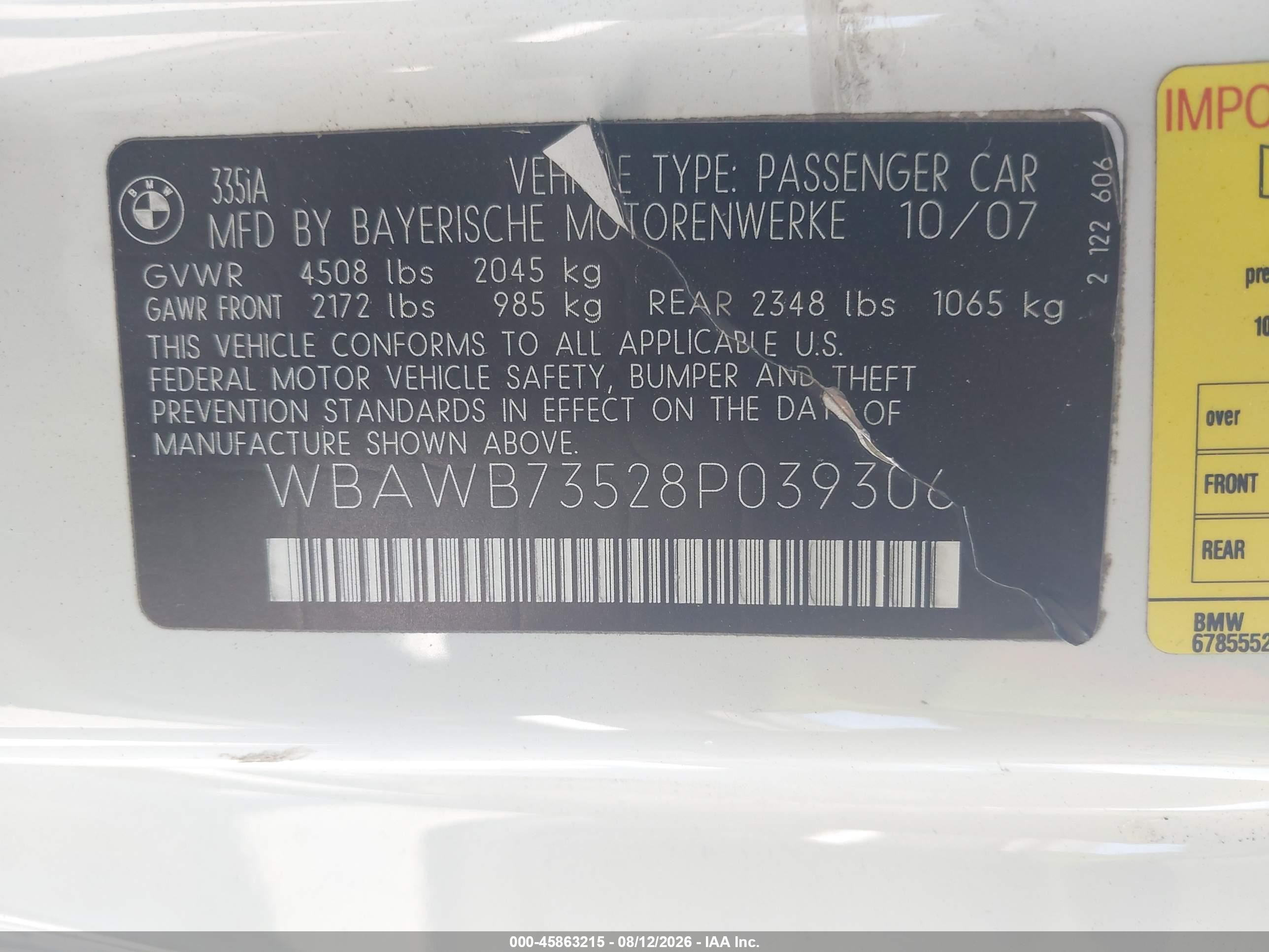 2008 Bmw 335i   White vin: WBAWB73528P039306