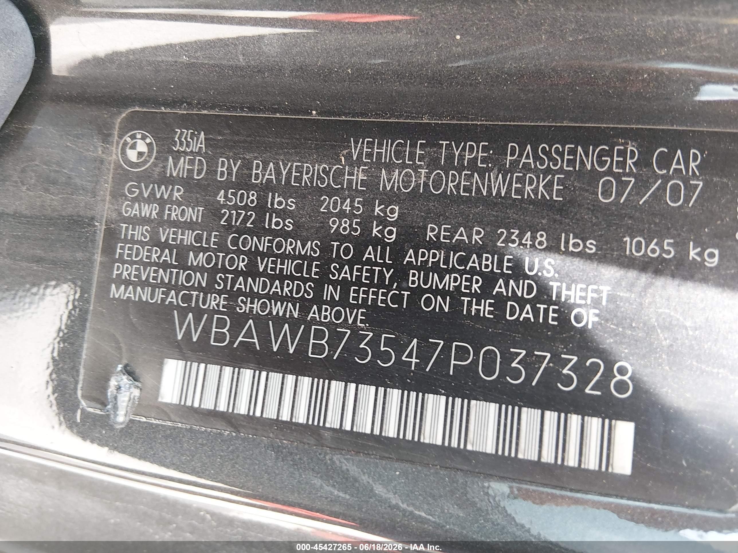 2007 Bmw 335i   Gray vin: WBAWB73547P037328